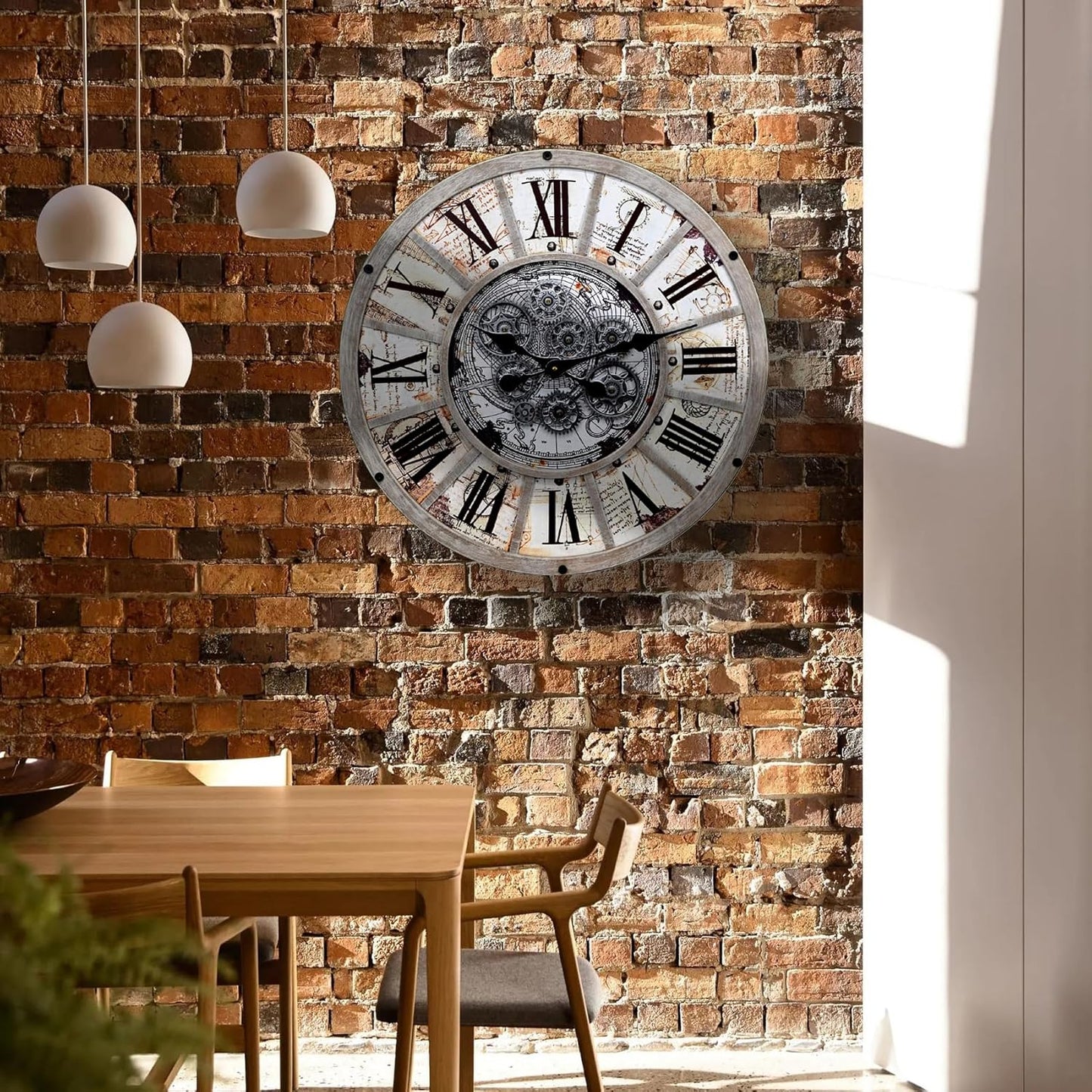 Unique Moving Gear Large Wall Clock 21inch-Battery Powered. Retro Industrial Steampunk Country Farmhouse Decor for The Living Room Kitchen Bars cafes Offices(whith/metal/21)