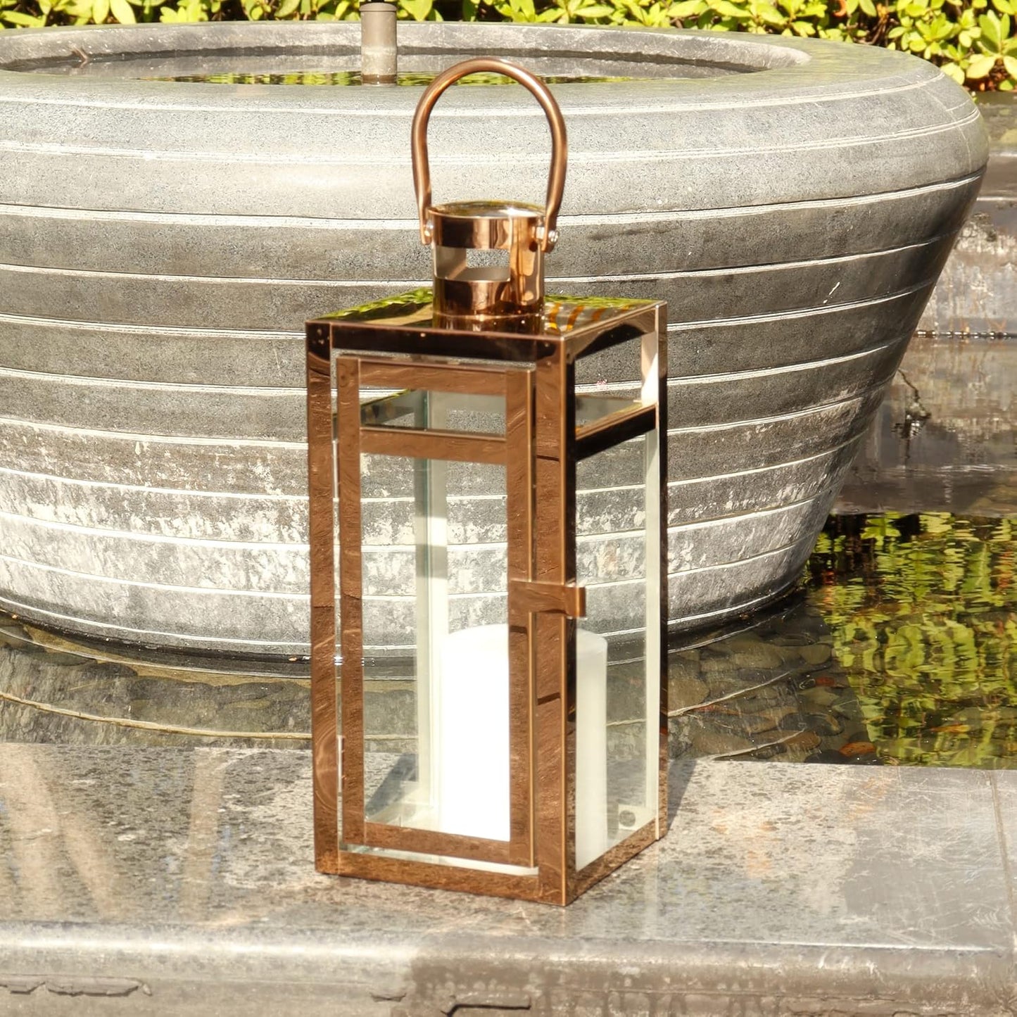 TRIROCKS Stainless Steel Decorative Lantern 12'' High Metal Candle Holder with Clear Glass Panels Perfect for Home Decor Living Room Parties Events Tabletop Indoors Outdoors (Rose Gold)