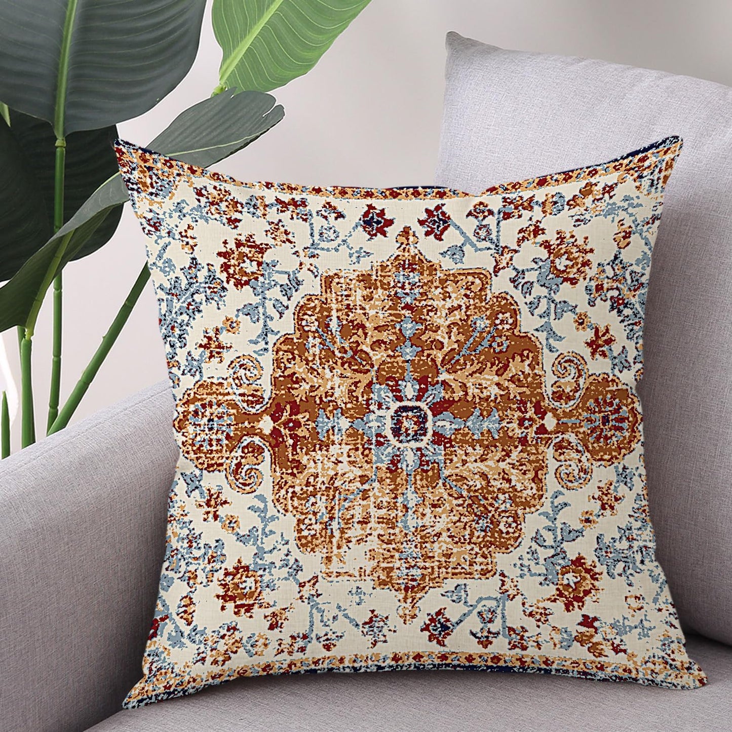 Outdoor Waterproof Pillow Covers - 20x20 Inch Set of 2 Bohemian Vintage Carpet Pattern Pillow Covers in Brown and Blue Ethnic Design for Decorative Farmhouse, Couch, Garden, Balcony