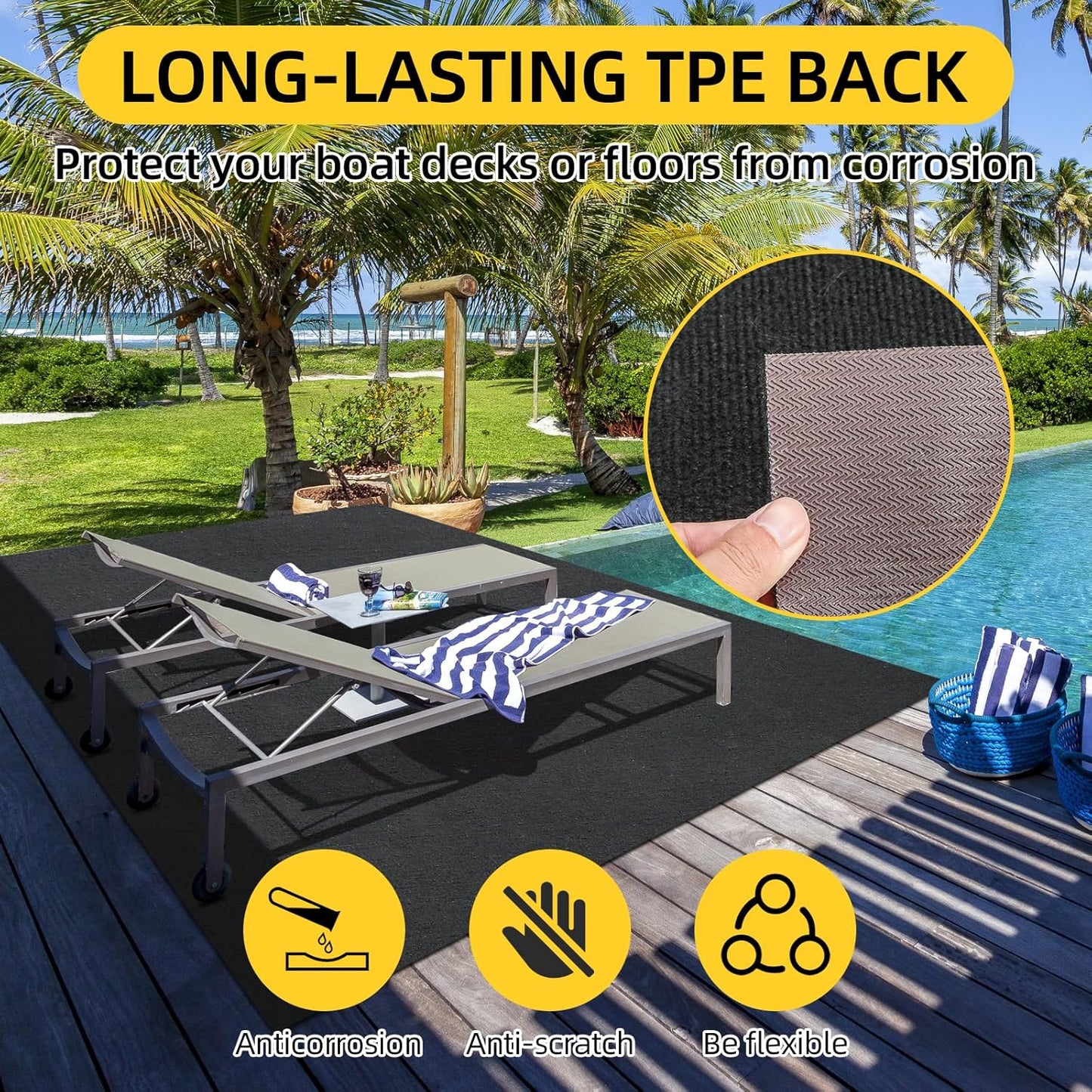 Marine Carpet,5 FT x 10 FT Black Indoor Outdoor Carpet 0.2" Thick Boat Carpet with Water-Proof TPE Backing, Non-Slide Outdoor Marine Carpet Roll for Home, Patio, Porch, Deck