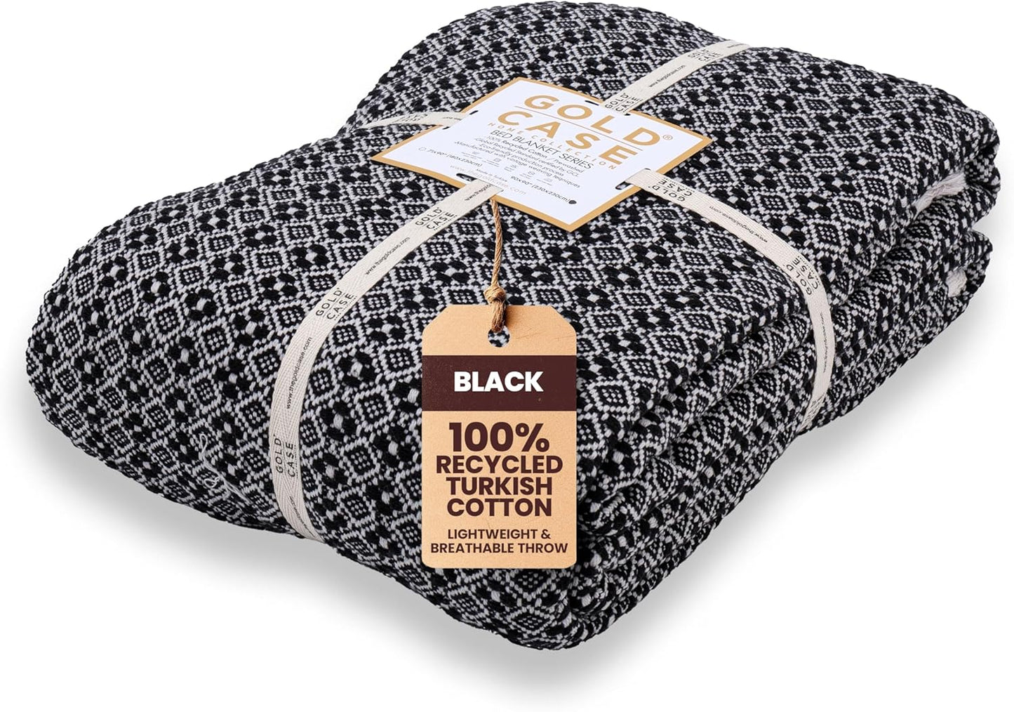 Gold Case Throw Blanket for Bed – 100% Recycled Turkish Cotton Bed Blanket – Decorative Throw Cotton Blankets for Living Room & Bedroom – Retro Black Woven Queen Blankets – 90x90