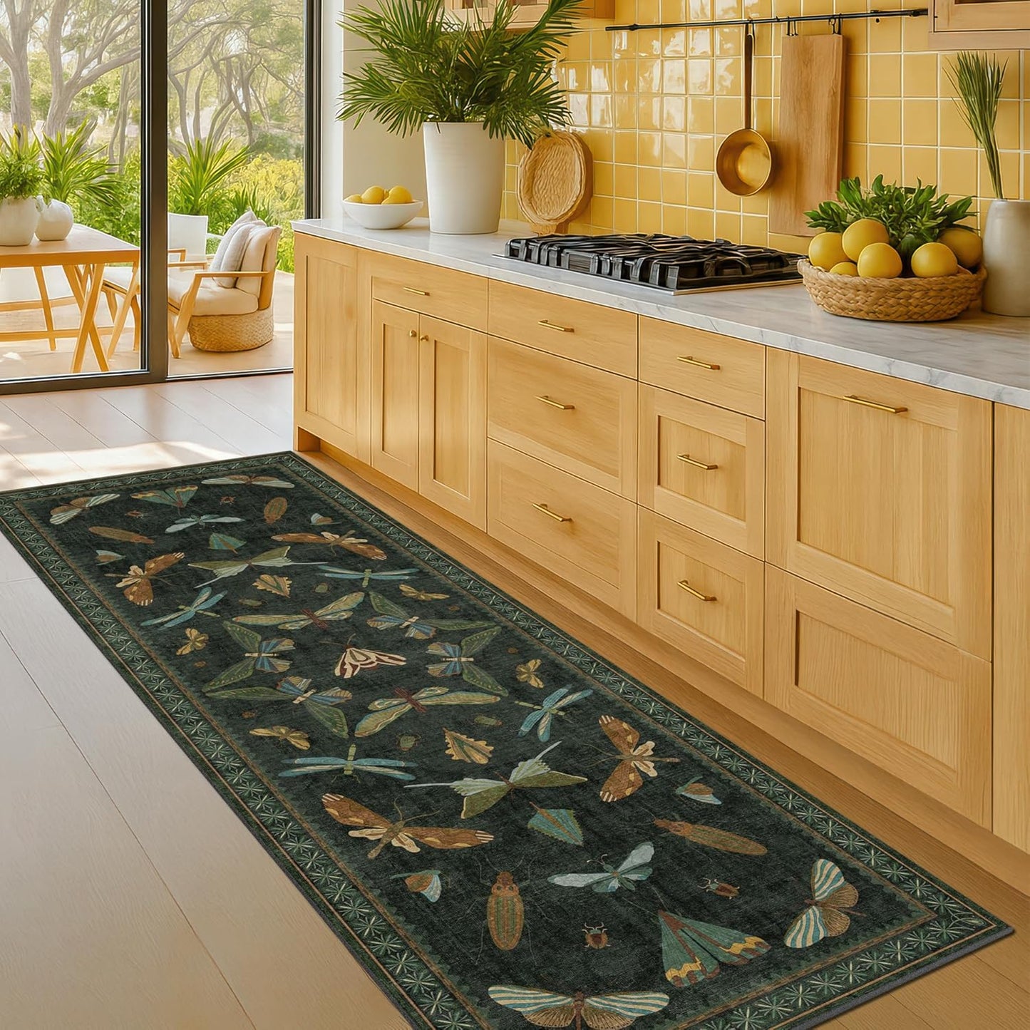 2x6 Entryway Runner Rug - Dark Green Kitchen Runners, Insect Floral Indoor Floor Décor, Washable Soft Non Slip with Rubber Backed