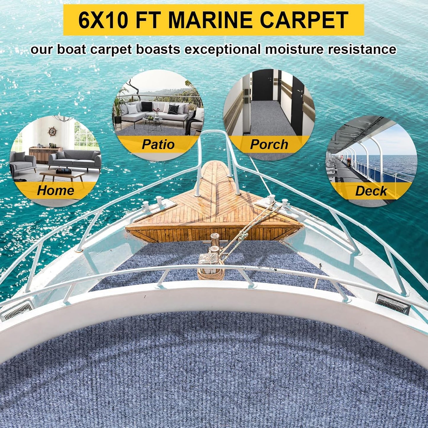 Marine Carpet,6 FT x 10 FT Blue-Gray Indoor Outdoor Carpet 0.2" Thick Boat Carpet with Water-Proof TPE Backing, Non-Slide Outdoor Marine Carpet Roll for Home, Patio, Porch, Deck