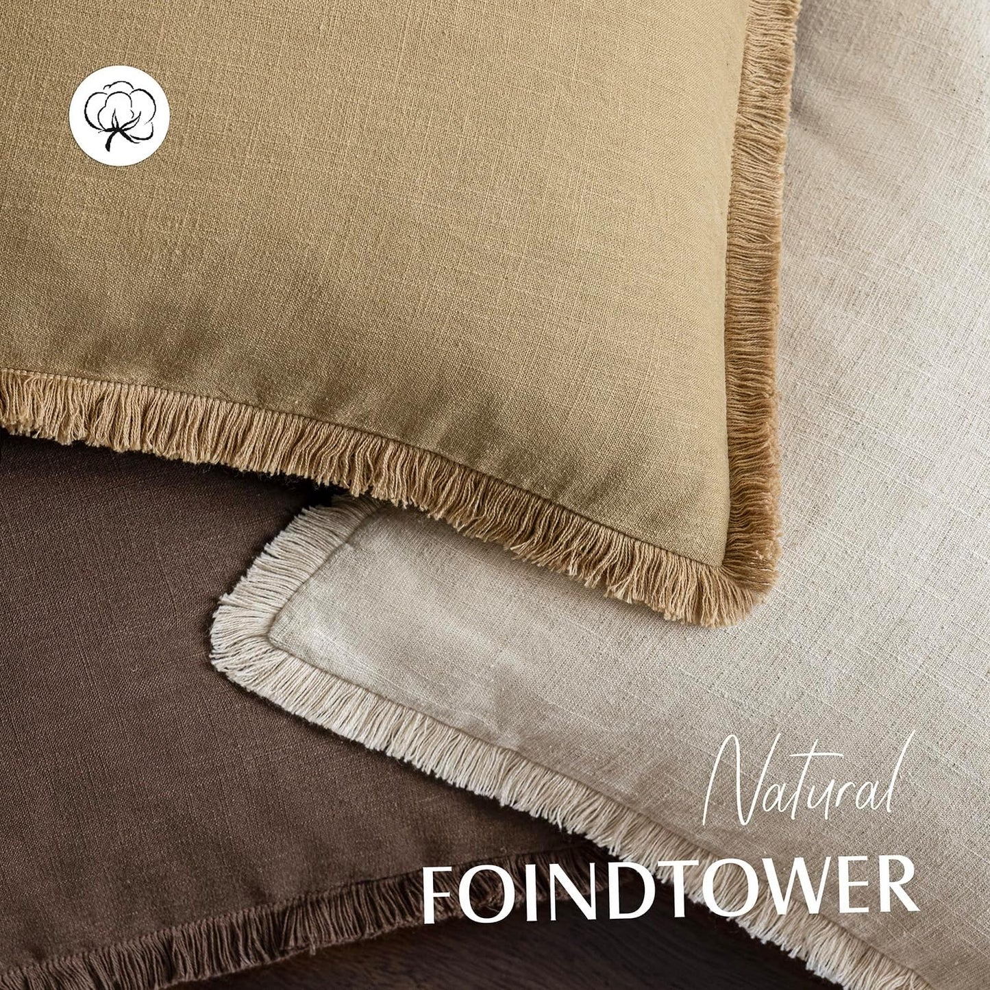 Foindtower Set of 2 Decorative Linen Fringe Throw Pillow Covers Farmhouse Cushion Cover with Tassels Soft Accent Pillowcase for Couch Chair Sofa Bed Living Room Home Decor,16×16 Inch,Light Khaki Taupe
