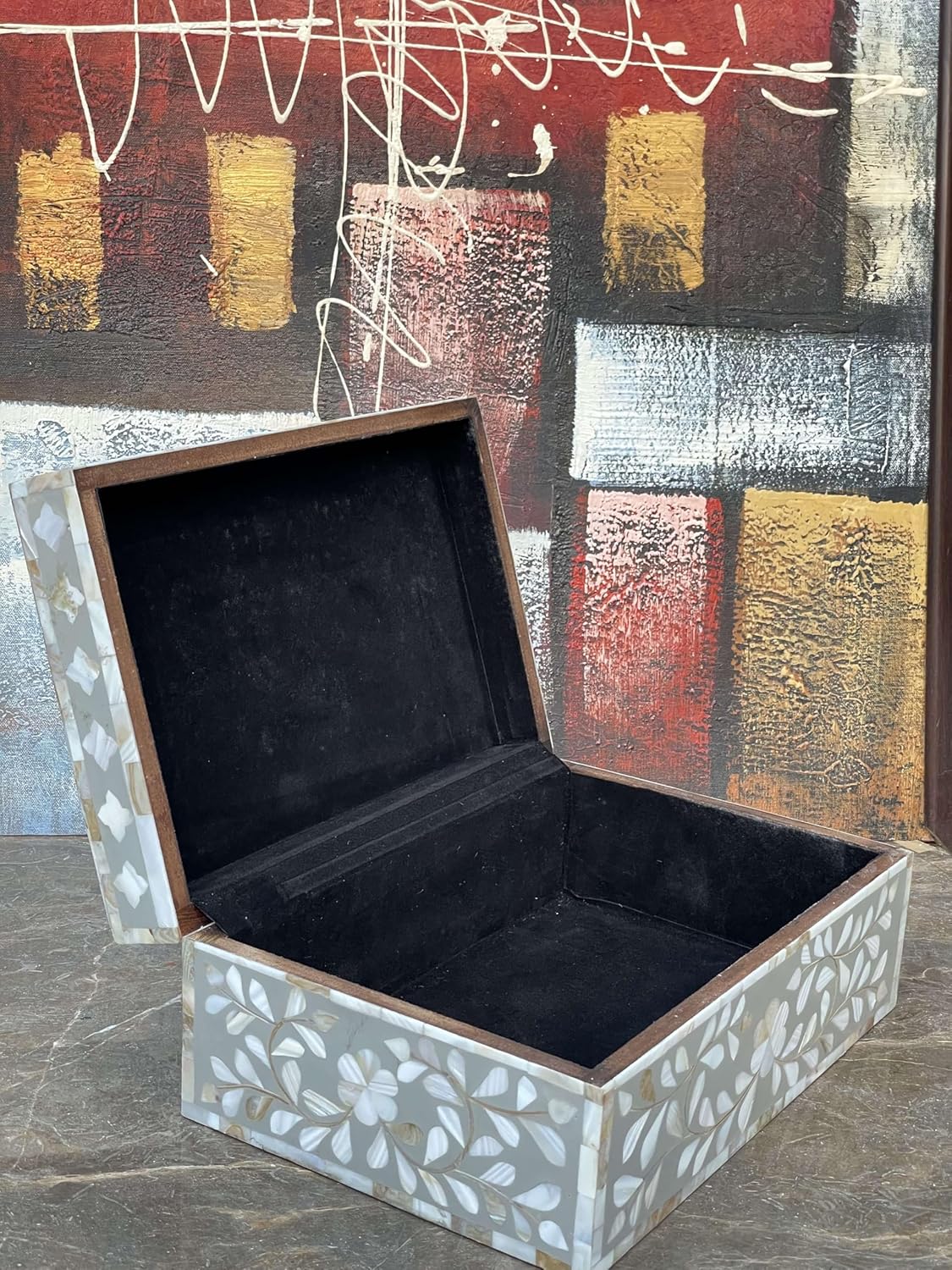 Decorative Wooden Storage Box with Mother of Pearl Inlay – Elegant Floral Design – Perfect for Home Décor in Living Room, Dining Area, or Bedroom (Grey, 9x6x3.5 inch)