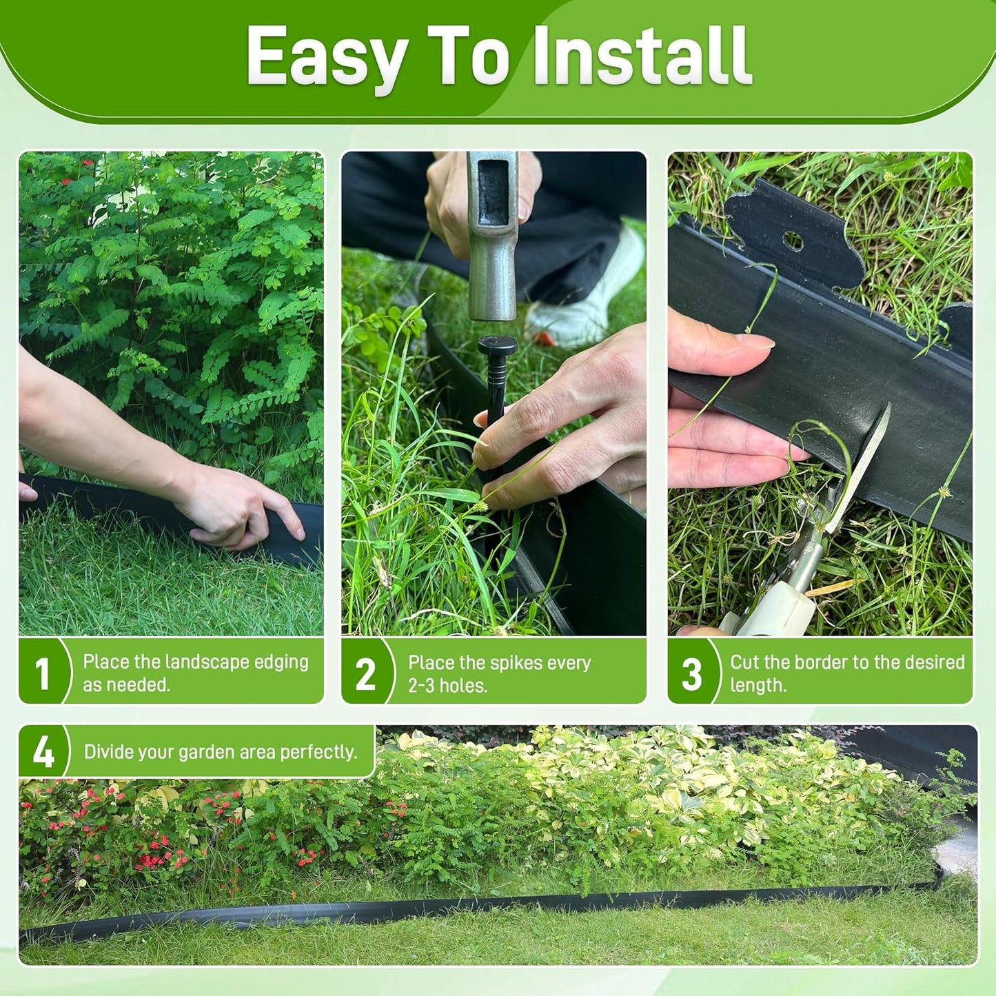 2 Inch x 50FT Landscape Edging Border with 45 Anchoring Spikes, No Dig Garden Border Edging Kit, Plastic Lawn Edging Border for Landscaping Garden Flower Beds Lawn Yard Paver Pathway, Black