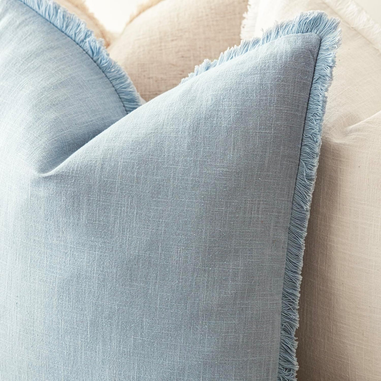 Foindtower Set of 2 Decorative Linen Fringe Throw Pillow Covers Boho Farmhouse Cushion Cover with Tassels Soft Accent Pillowcase for Couch Chair Sofa Bed Living Room Home Decor,24×24 Inch,Sky Blue