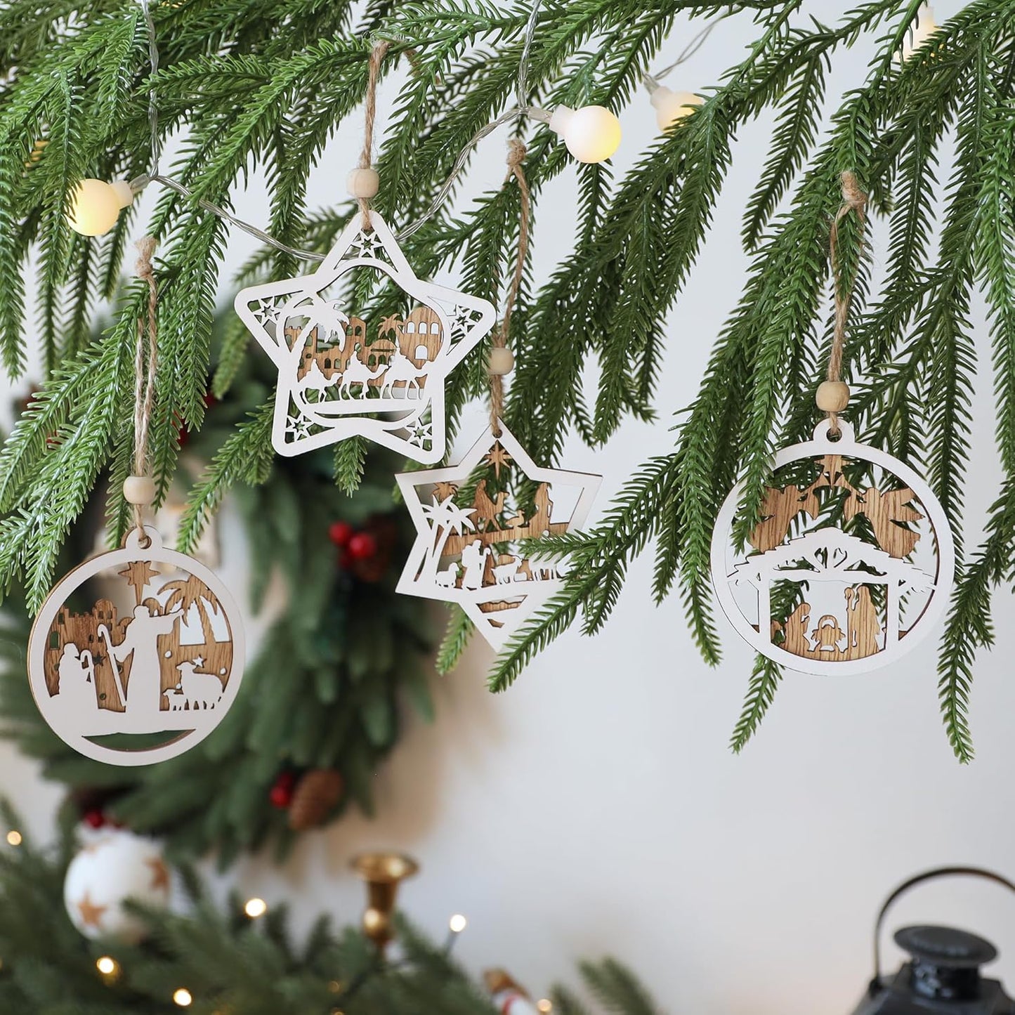 18Pcs Nativity Christmas Tree Ornaments Set, Wooden Nativity Scene Ornament, Religious Gift for Christian Family Christmas Decoration