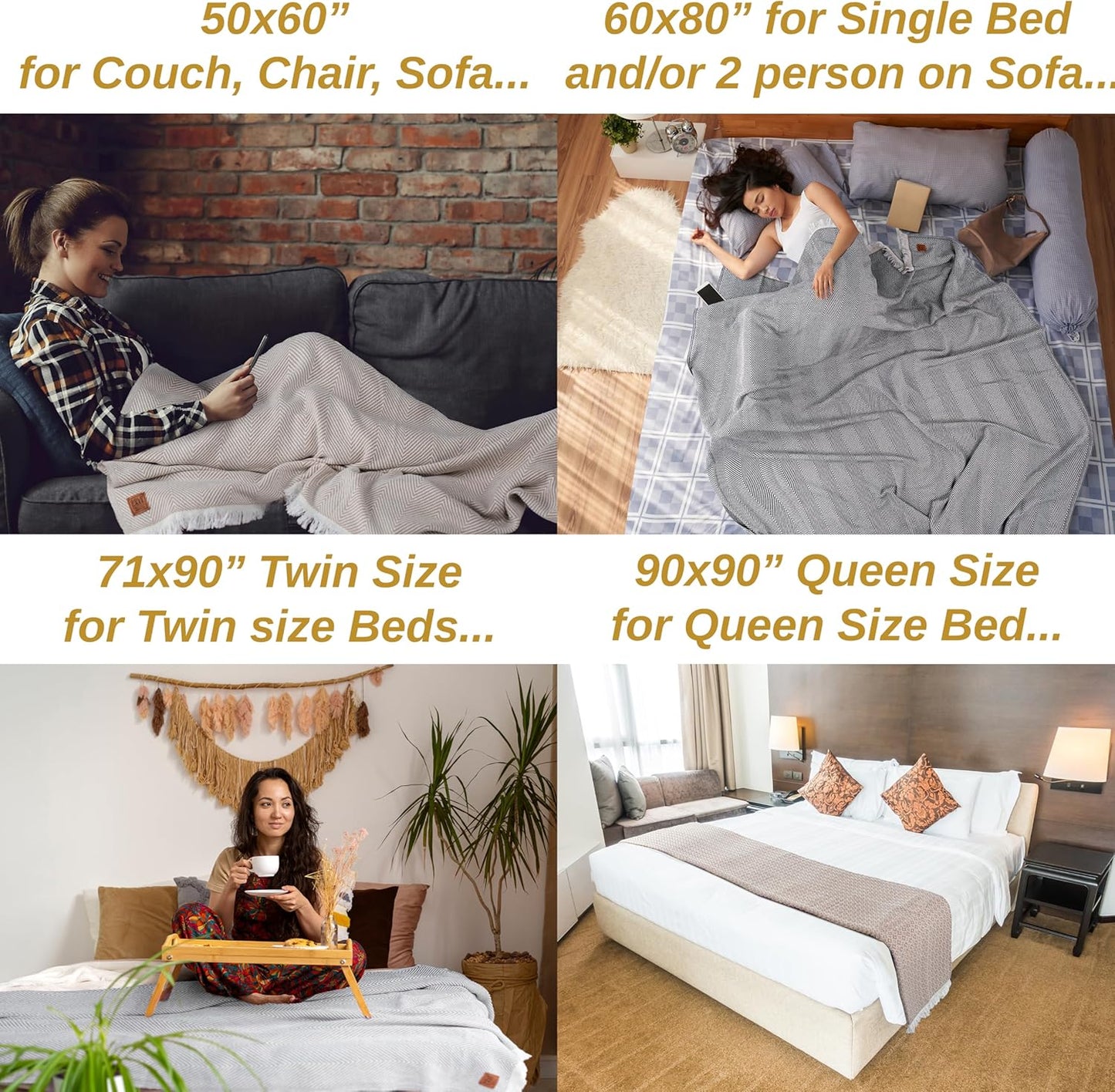 Gold Case Throw Blanket for Couch - 100% Recycled Turkish Cotton Blankets & Throws - Retro Soft Throw Blankets for Living Room Sofa - Boho Decorative Woven Throws for Couch - 60x80 - Black