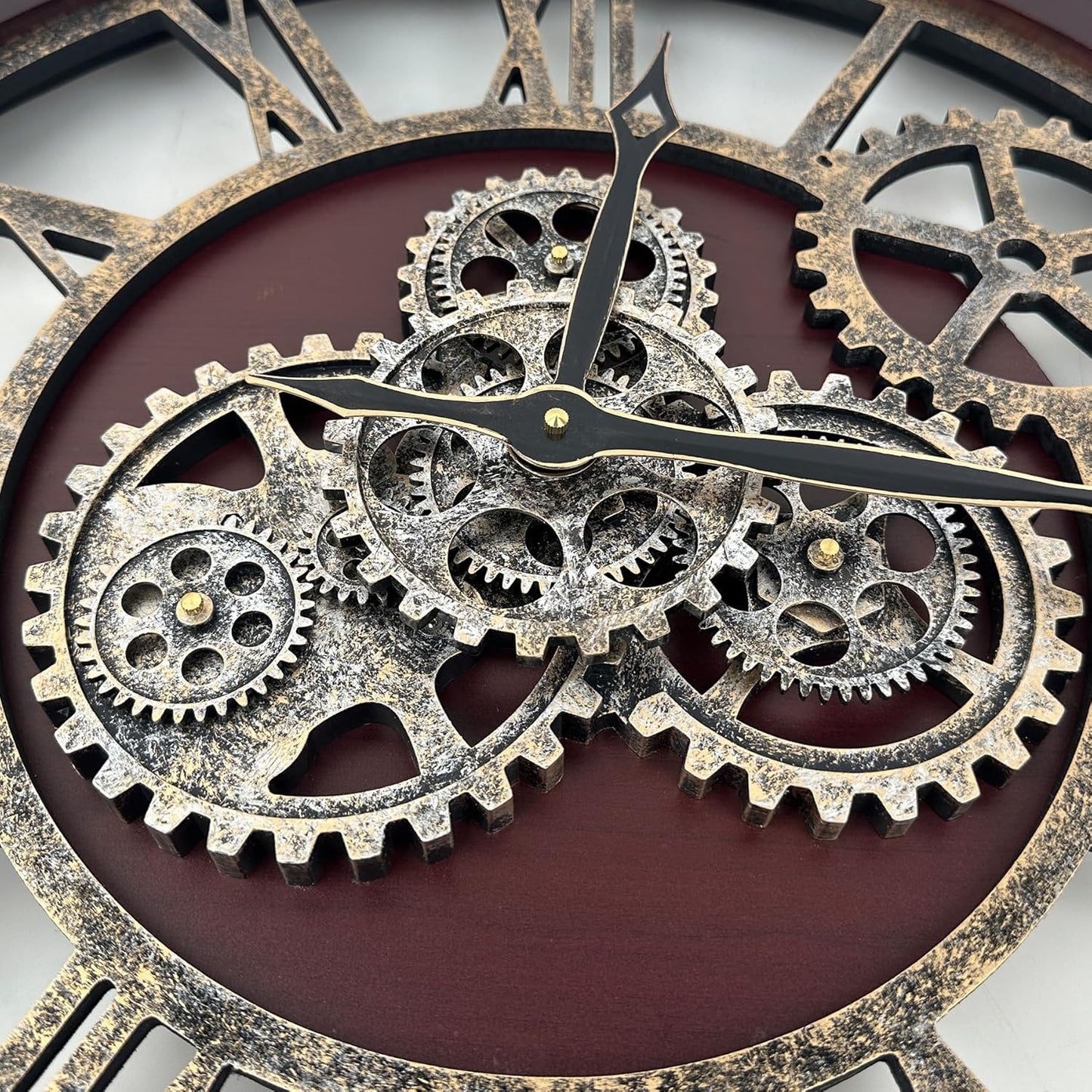 The B-Style Large Wall Clock 24 inch Moving Gear Wall Clock Oversized Vintage Farmhouse Wall Clocks for Living Room Decor Rustic Industrial Wood Clock (Cherry red and Bronze)
