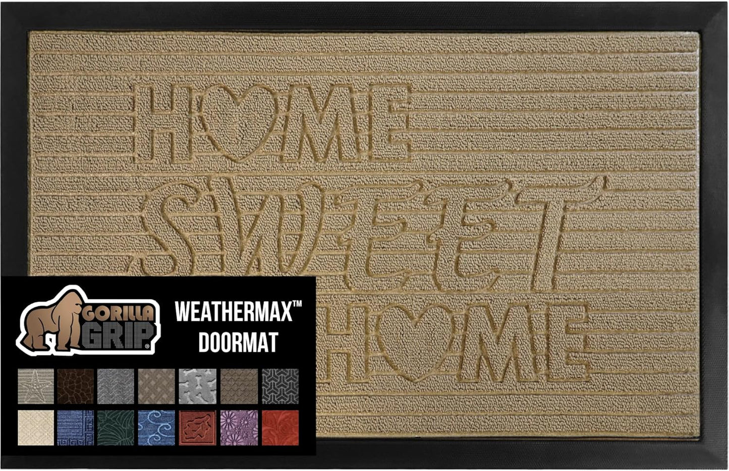 GORILLA GRIP 100% Waterproof All-Season WeatherMax Doormat, 47x35, US Designed Natural Rubber, Stain and Fade Resistant, Low Profile Indoor Outdoor Door Mats, Easy Clean Patio Mat, Home Sweet Home