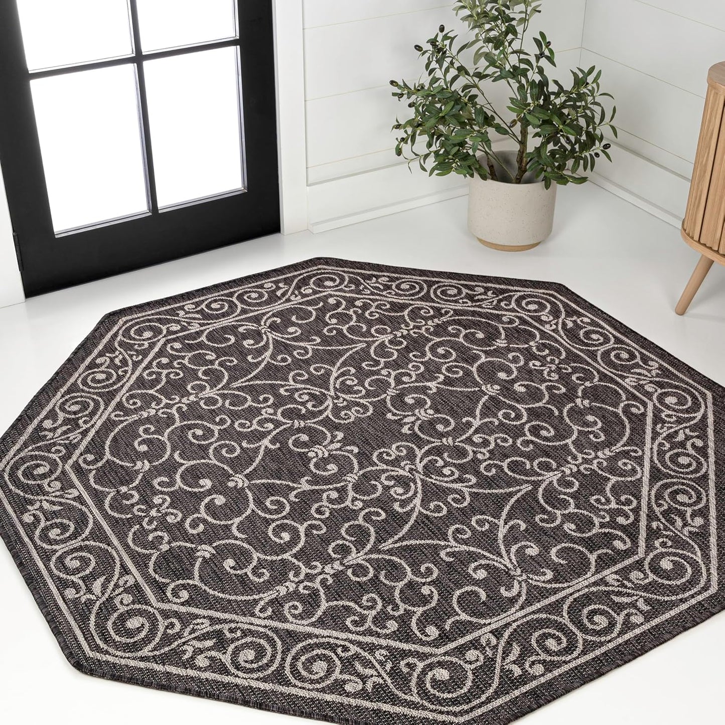 JONATHAN Y Vintage Filigree Indoor Outdoor Octagon Area Rug 5 Ft Black/Gray, Charleston Textured Weave for Backyard, Patio, Porch, Easy-Cleaning, High Traffic, Pet-Friendly, Non-Shedding SMB106G-5TGN