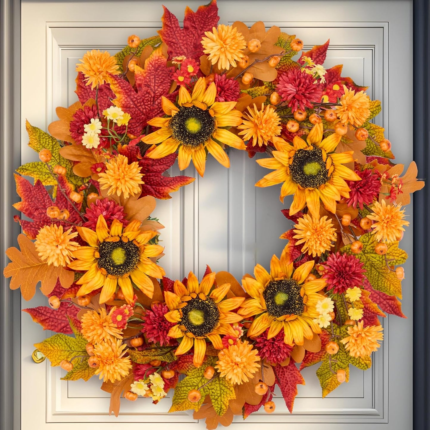 GENMOUS 24 Inch Fall Wreaths for Front Door, with Mini Pumpkin Skewers- Sunflower Wreath, Autumn Fall Decor Maple Leaf Daisy Thanksgiving Halloween Home Party Fall Decoration Indoor Oudoor