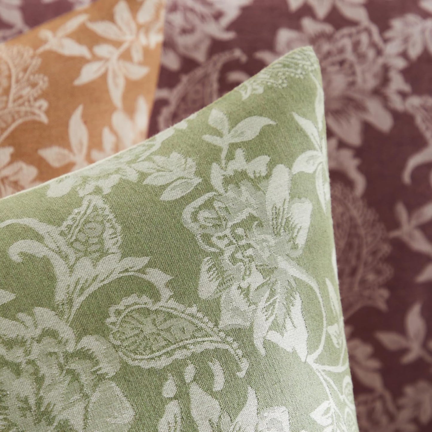 Floral Jacquard Throw Pillow Covers Set of 2, Background/Green 24x24 Inch, Farmhouse Decorative Cotton Sage Green Cushion Covers for Sofa Bed Living Room Home Decor