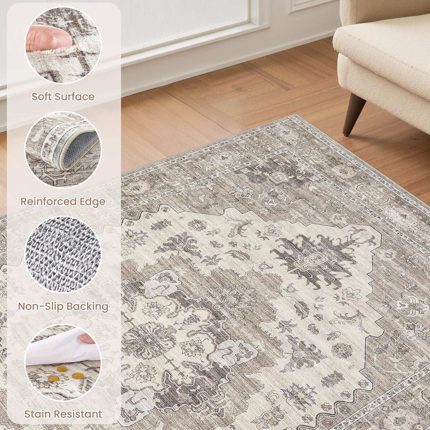 Washable Area Rugs for Living Room -7x10 Neutral Vintage Distressed Floral Farmhouse Boho Large Soft Floor Rug Indoor Non Slip Carpet for Living Room Bedroom Dining Room Office-Brown/Beige