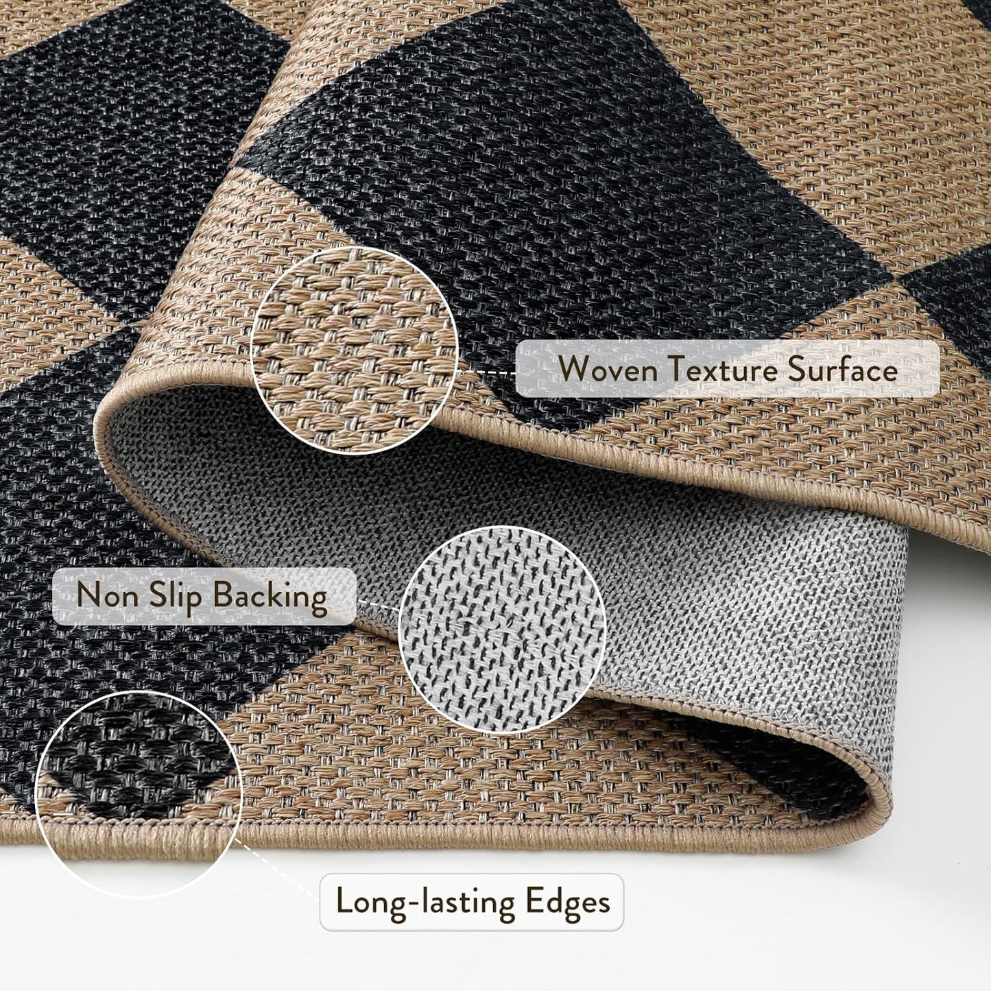 Lahome Checkered Easy Jute 5x7 Area Rugs, Washable Outdoor Patio Rug for Living Room Diamond Indoor Outdoor Carpet, Farmhouse Geometric Non Slip Black Carpet for Backyard Dining Room