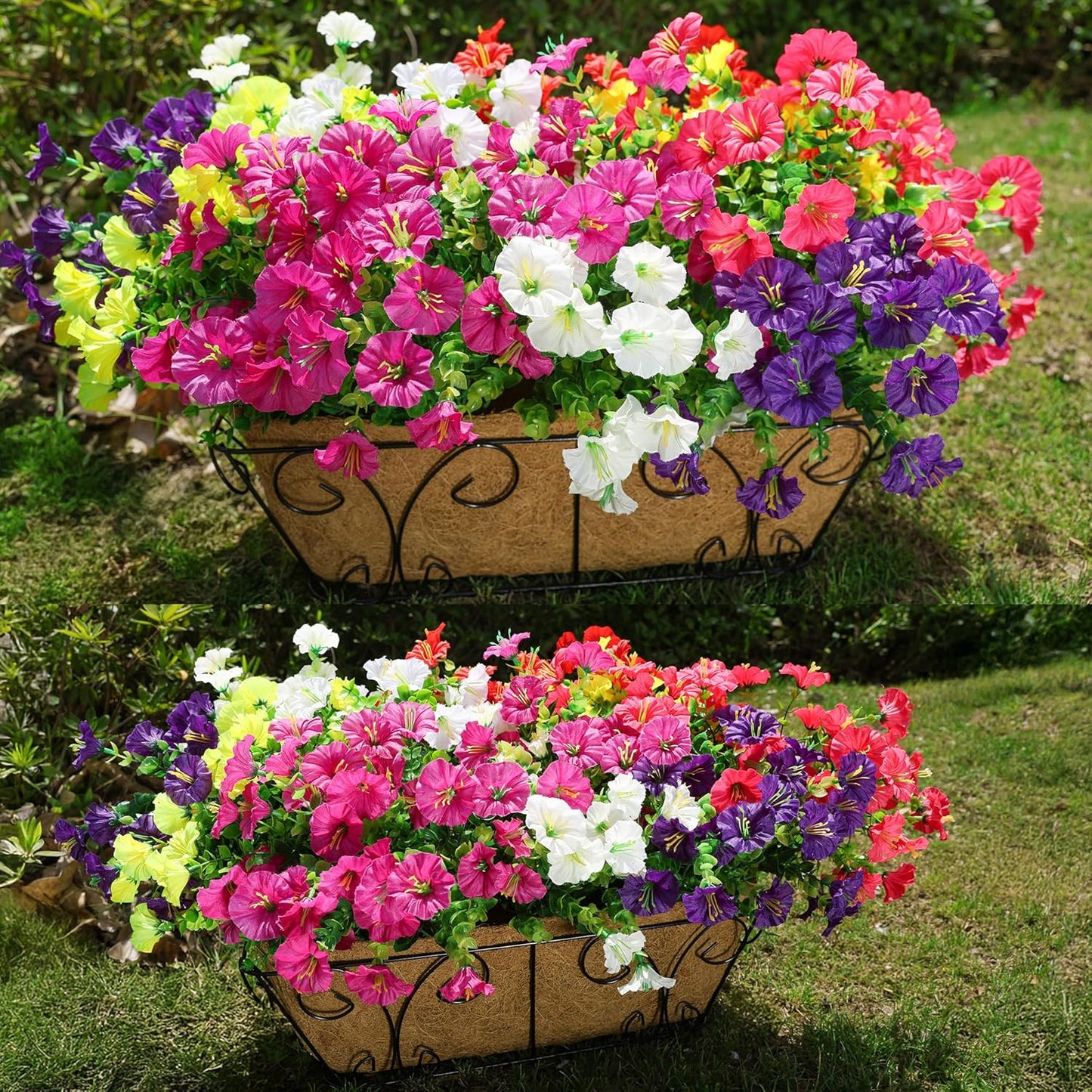 Artificial Flowers for Outdoors Fake Plants Outside Decoration, 12 Bundles Silk Colorful Morning Glory with Eucalyptus UV Resistant Realistic Faux Flowers for Planter Porch Patio Yard Garden