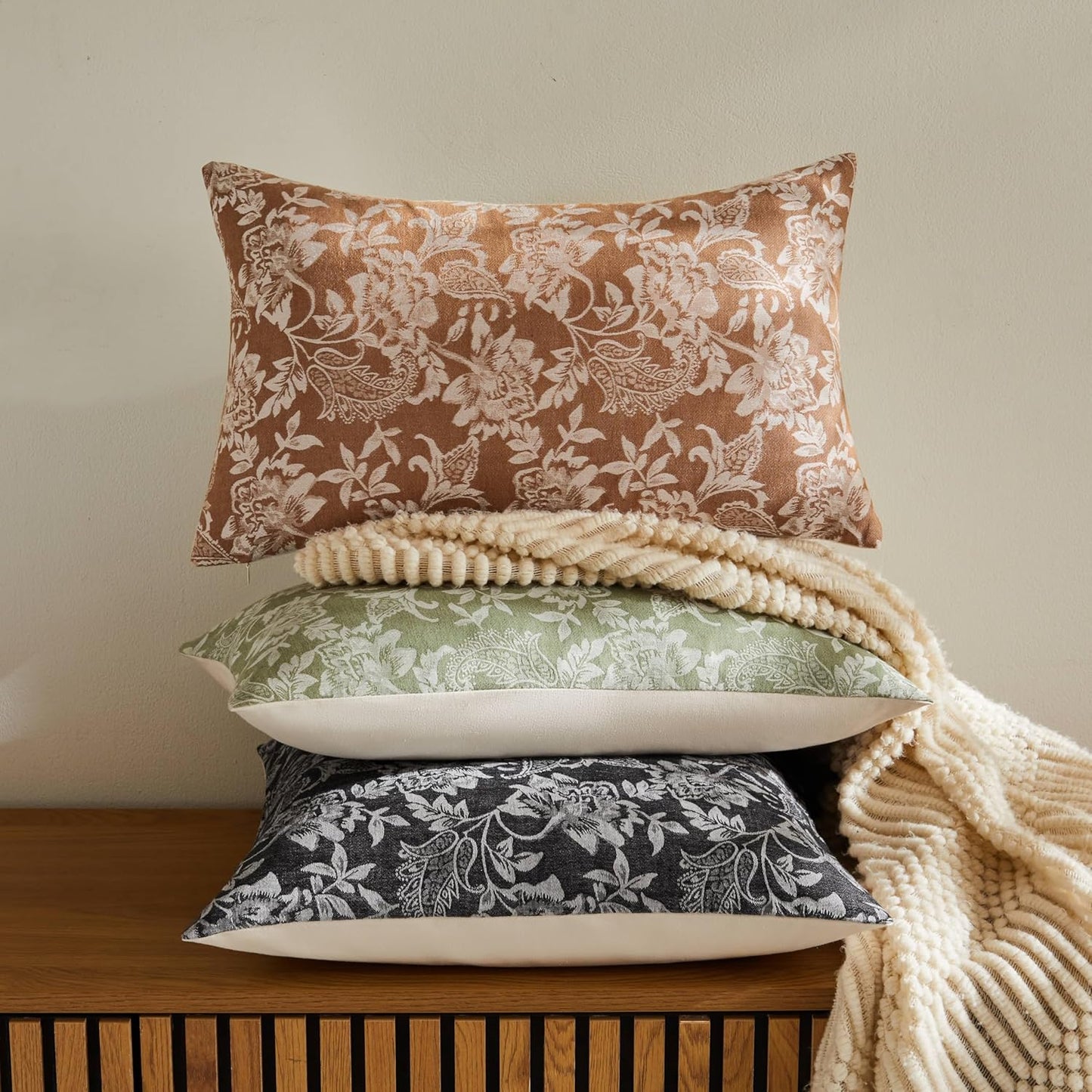 Floral Jacquard Lumbar Throw Pillow Covers Set of 2, Background/Caramal 12x20 Inch, Farmhouse Decorative Cotton Caramal Cushion Covers for Sofa Bed Living Room Home Decor