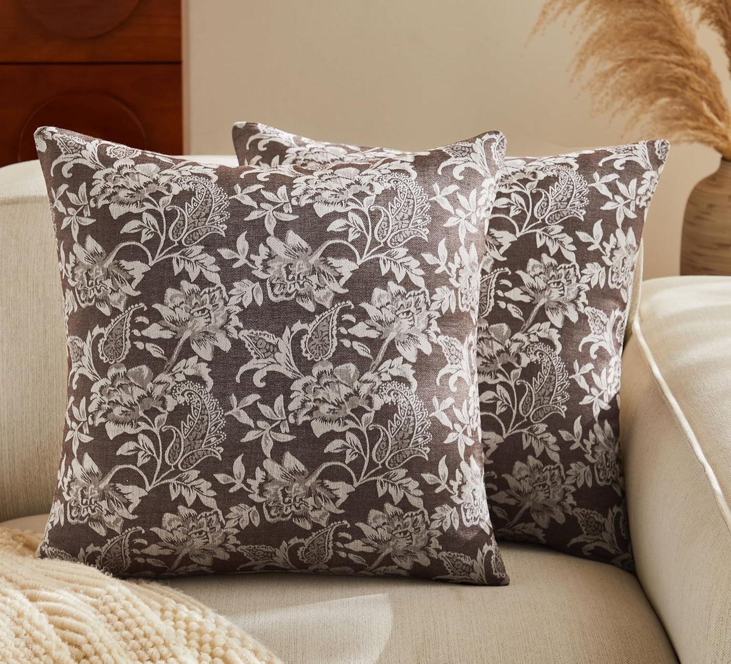 Floral Jacquard Throw Pillow Covers Set of 2, Background/Chocolate 22x22 Inch, Farmhouse Decorative Cotton Dark Brown Cushion Covers for Sofa Bed Living Room Home Decor