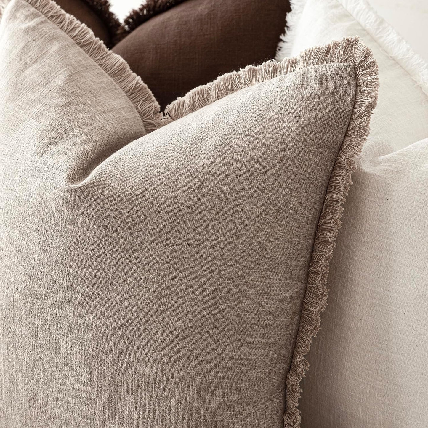 Foindtower Set of 2 Decorative Linen Fringe Lumbar Throw Pillow Covers Farmhouse Cushion Cover with Tassels Accent Pillowcase for Couch Sofa Bed Living Room Home Decor,12×24 Inch,Natural Linen