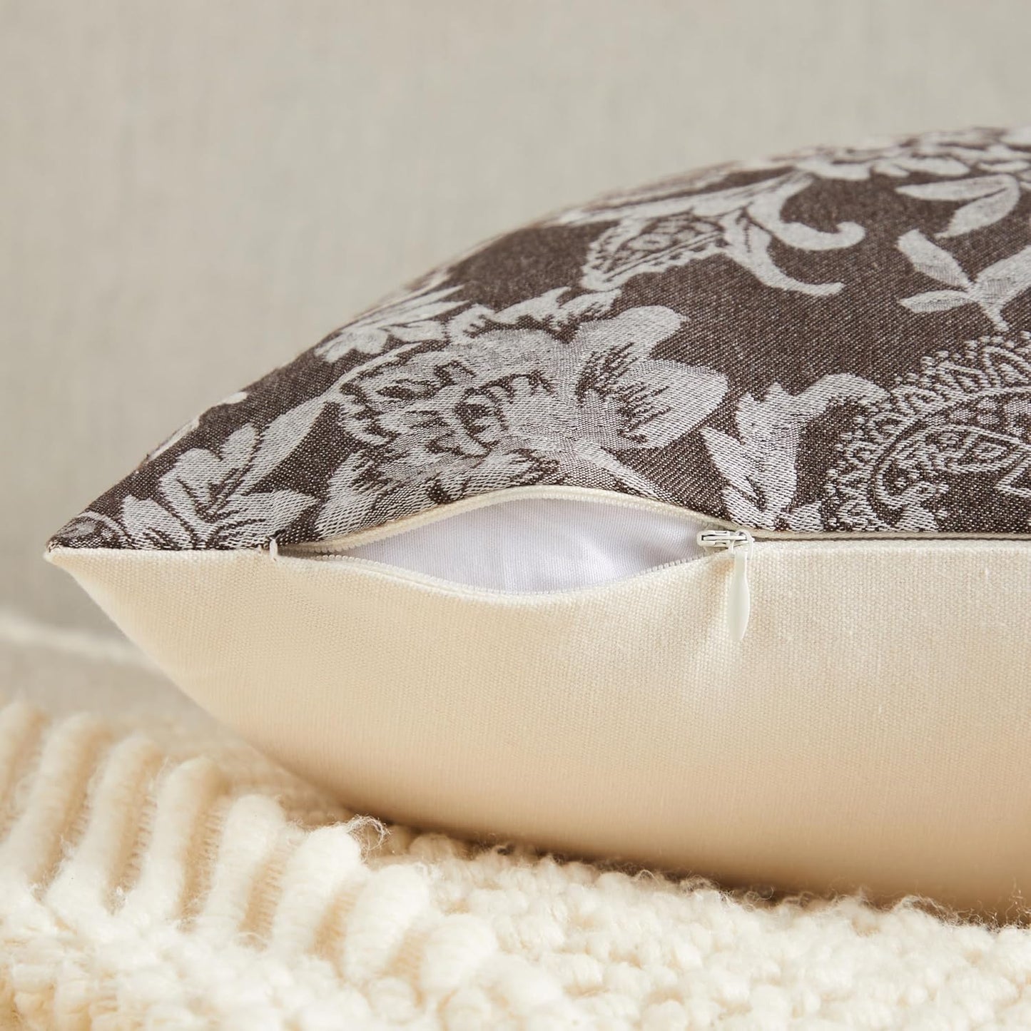 Floral Jacquard Throw Pillow Covers Set of 2, Background/Chocolate 24x24 Inch, Farmhouse Decorative Cotton Dark Brown Cushion Covers for Sofa Bed Living Room Home Decor