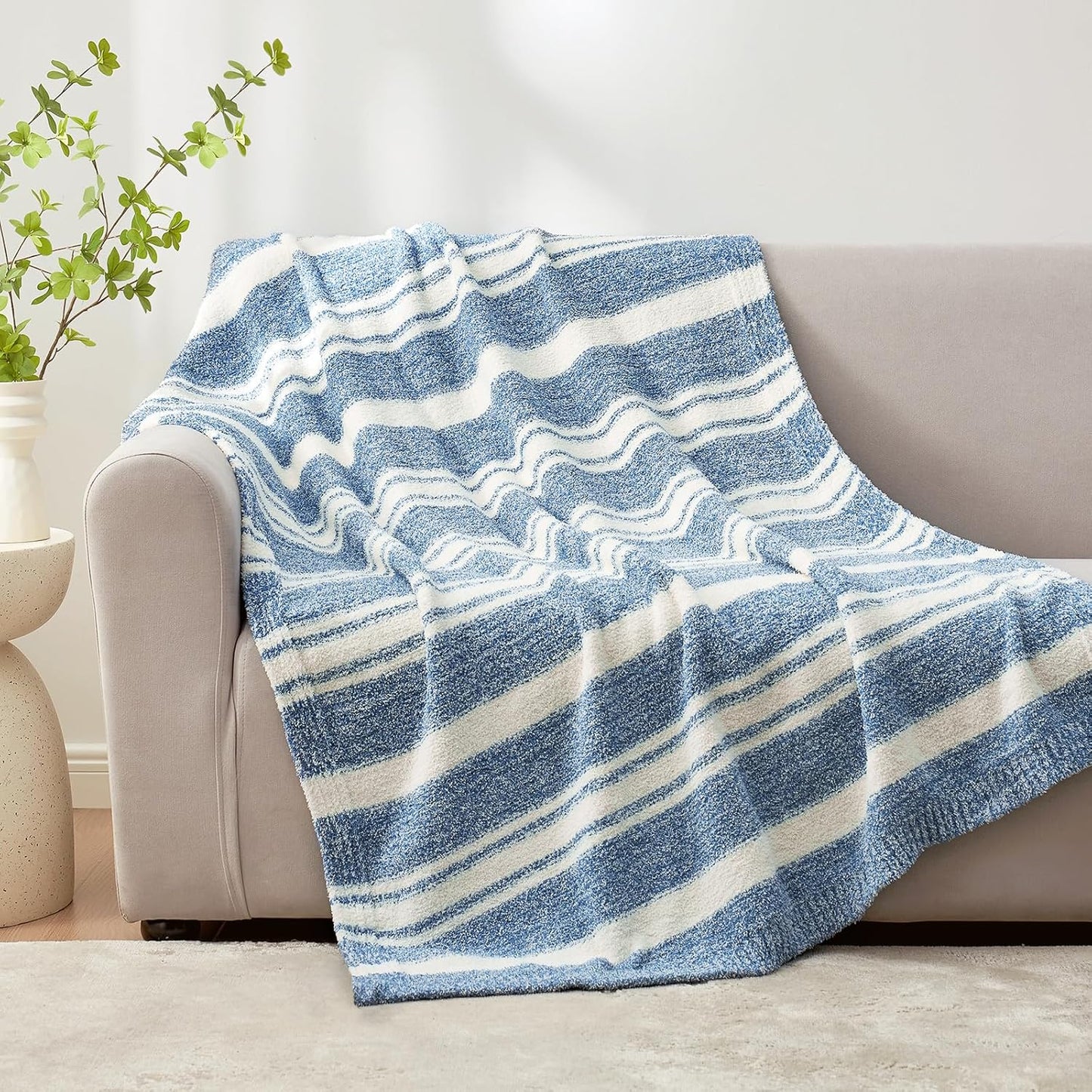 Snuggle Sac Knitted Throw Blanket for Couch, Reversible Super Soft Microfiber Blankets Warm Cozy Knit Fuzzy Plush Lightweight Throws for Sofa, Bed, Camping, Picnic, Stripe Blue, 50 x 60 inches