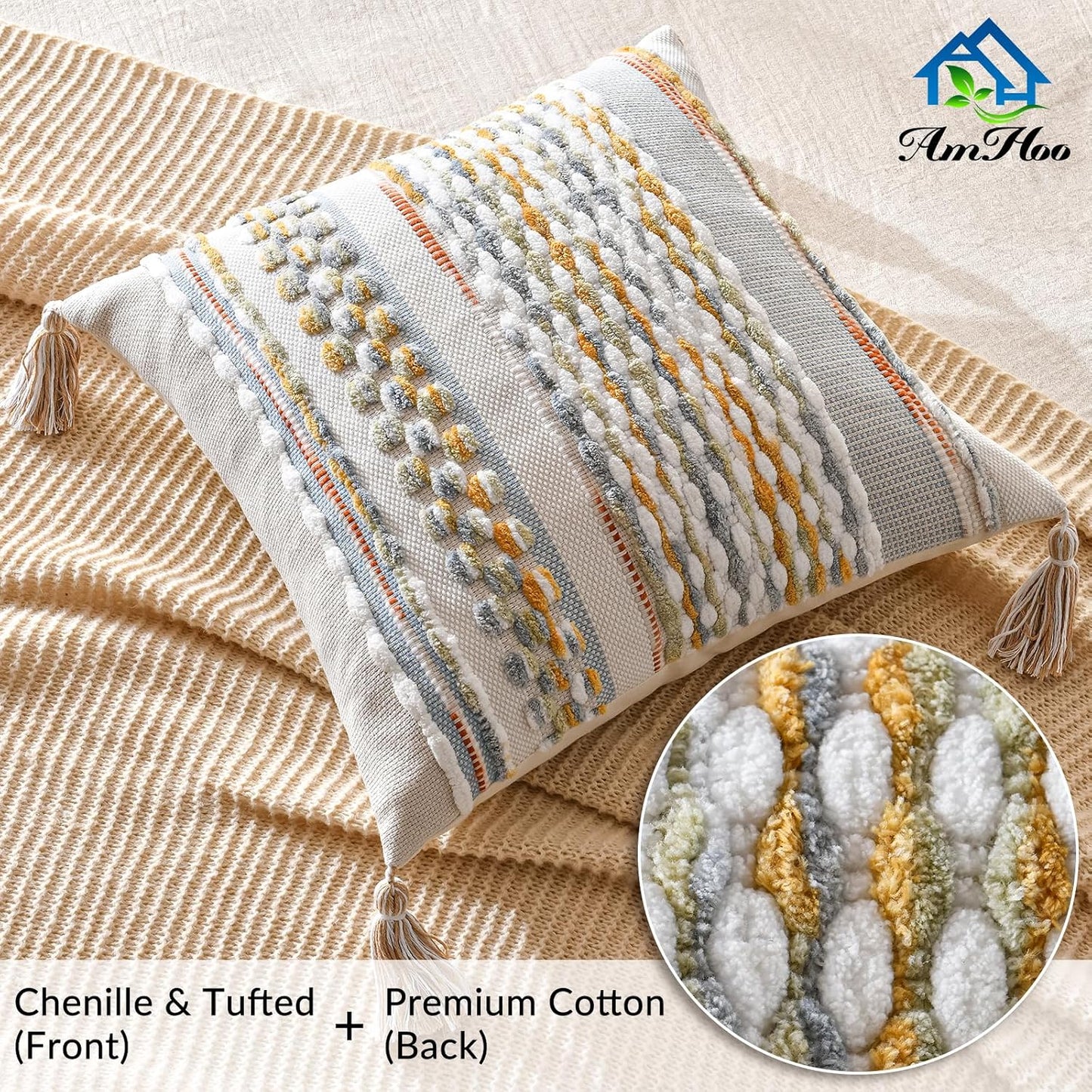 AmHoo Set of 2 Chenille Striped Textured Boho Throw Pillow Covers Aesthetic with Tassels Woven Decorative Pillow Case for Couch Bed Sofa Bedroom Modern Funky 18 x 18-Inch Grey