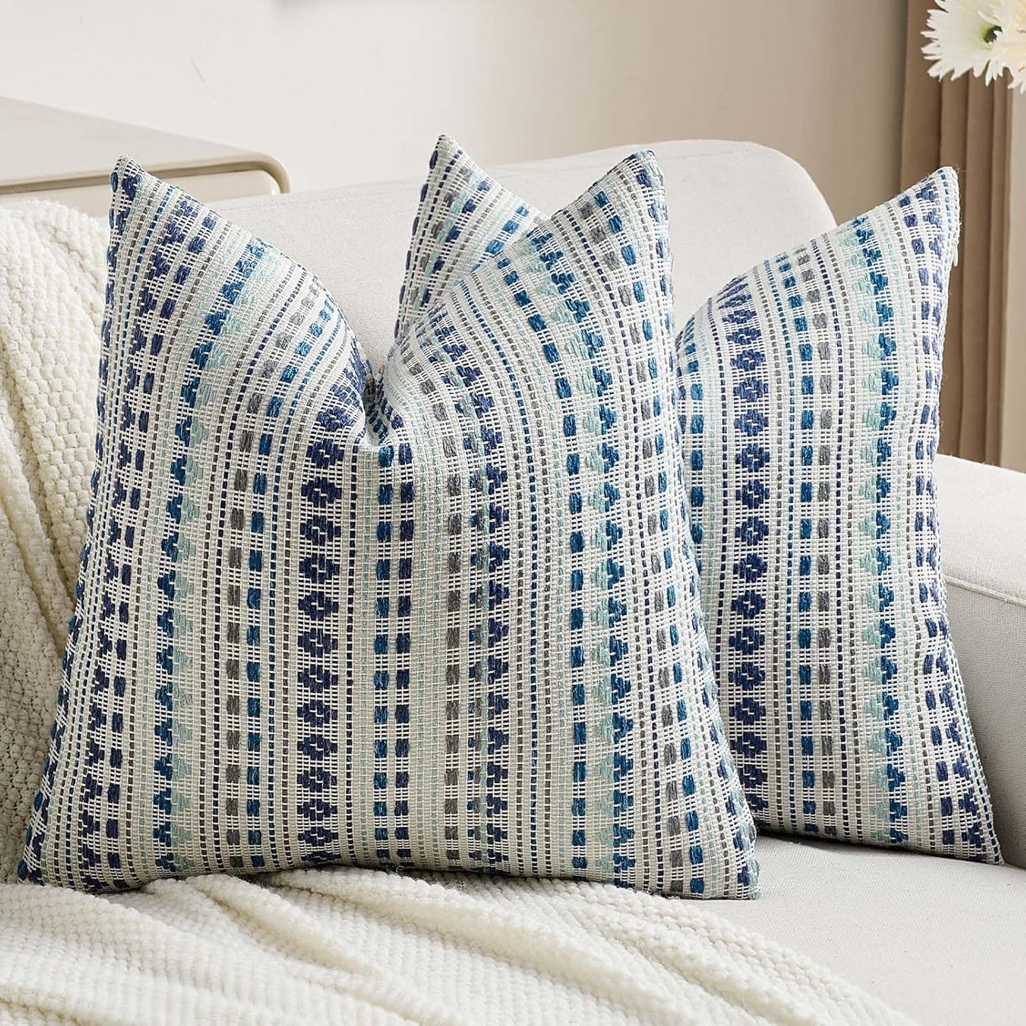 FUTEI Blue Grey Decorative Throw Pillow Covers 24x24 Inch Set of 2,Soft Cozy Chenille Jacquard Textured Euro Pillow Shams,Boho Home Decor for Couch Bed Living Room