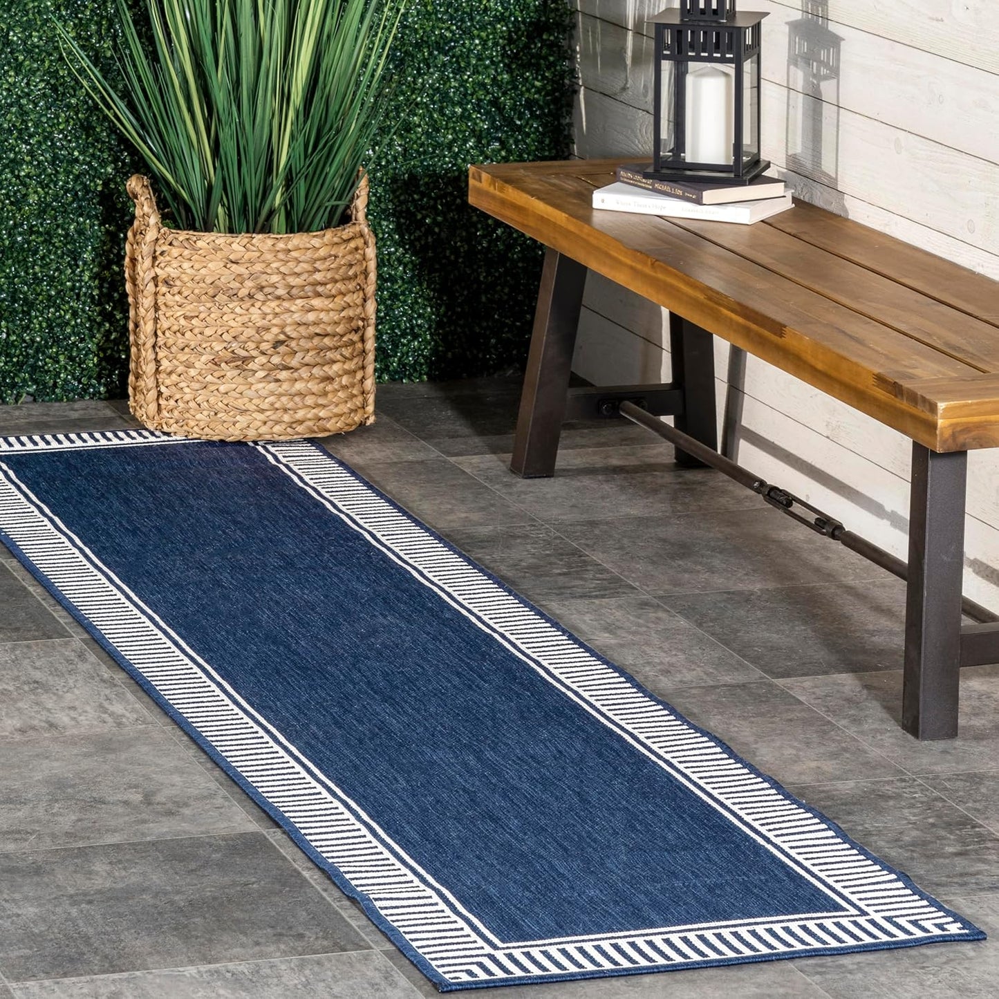 nuLOOM 2' x 8' Outdoor Area Rug, Casual Design With Striped Border, Stain Resistant, Highly Durable, For Patio, Balcony, Bedroom, Living Room, Dining Room, Bathroom, Navy