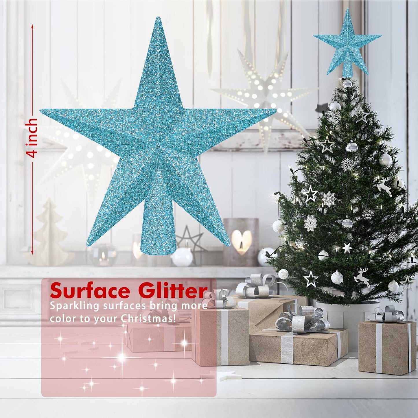 1PCS Tree Star Topper, Blue 4" Christmas Tree Topper Decorations, Glitter Shatterproof Mini Bethlehem Star Tree Topper Decor, Waterproof Star Tree Topper for Christmas Holiday Indoor/Outdoor Ornament