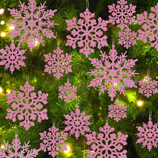 36pcs Christmas Light Pink Snowflake Ornaments Plastic Glitter Snow Flakes Ornaments for Winter Christmas Tree Decorations Size Varies Craft Snowflakes