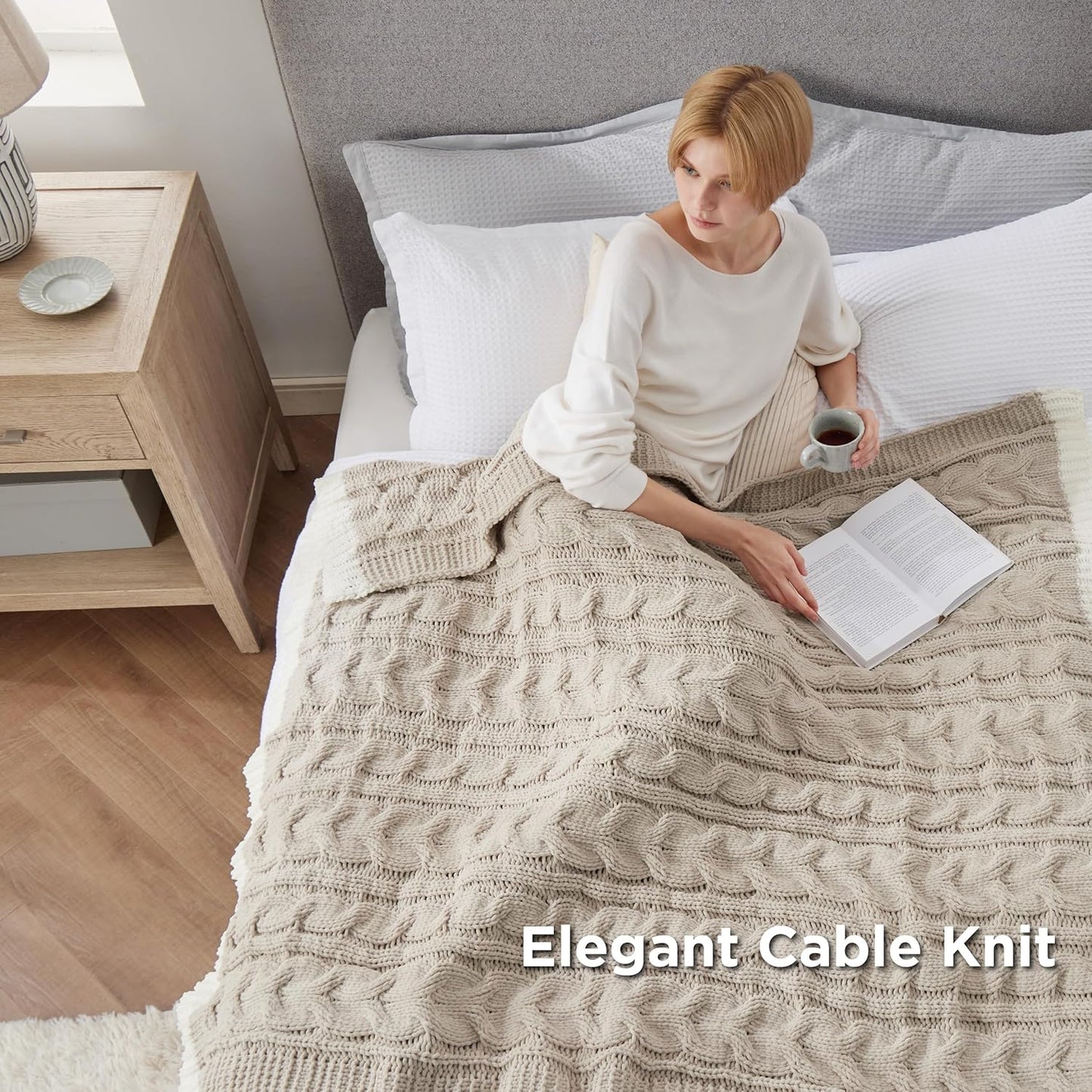 Bedsure Cable Knit Throw Blanket for Couch Bed - Breathable Chenille Chunky Knit Throw Blanket for Decorative Gift, GentleSoft Cozy and Warm for Winter and All Seasons, Beige, 50x60 Inches