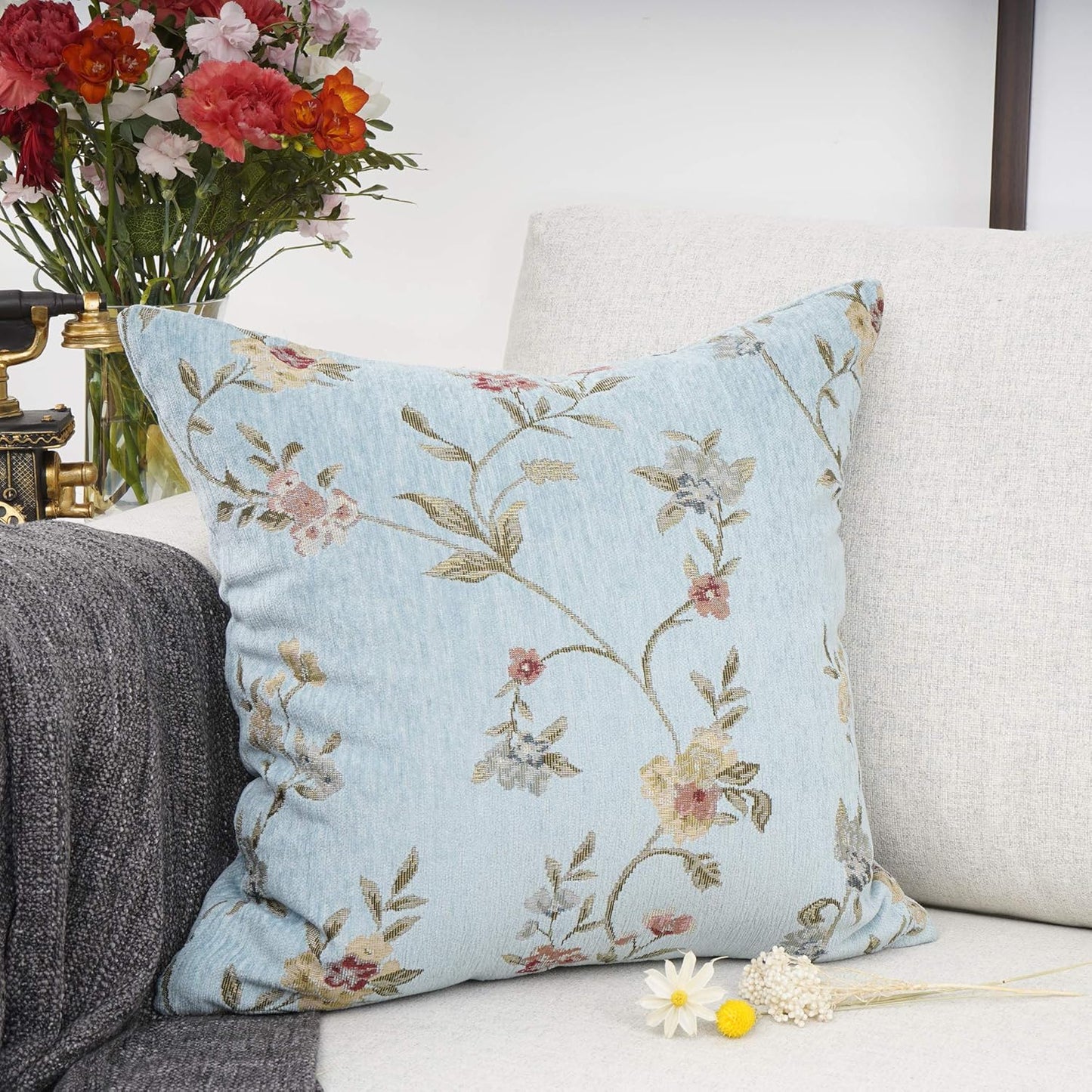 YOUR SMILE Embroidery Jacquard Teal Floral Leaf Pattern Square Decorative Throw Pillow Case Cushion Cover,18x18 inch