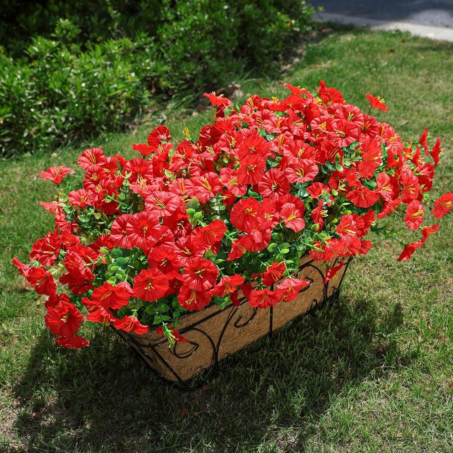 Artificial Flowers for Outdoors Fake Plants Outside Decoration, 12 Bundles Silk Red Morning Glory UV Resistant Look Real Faux Flowers for Planter Front Door Porch Patio Yard Gardens Balcony