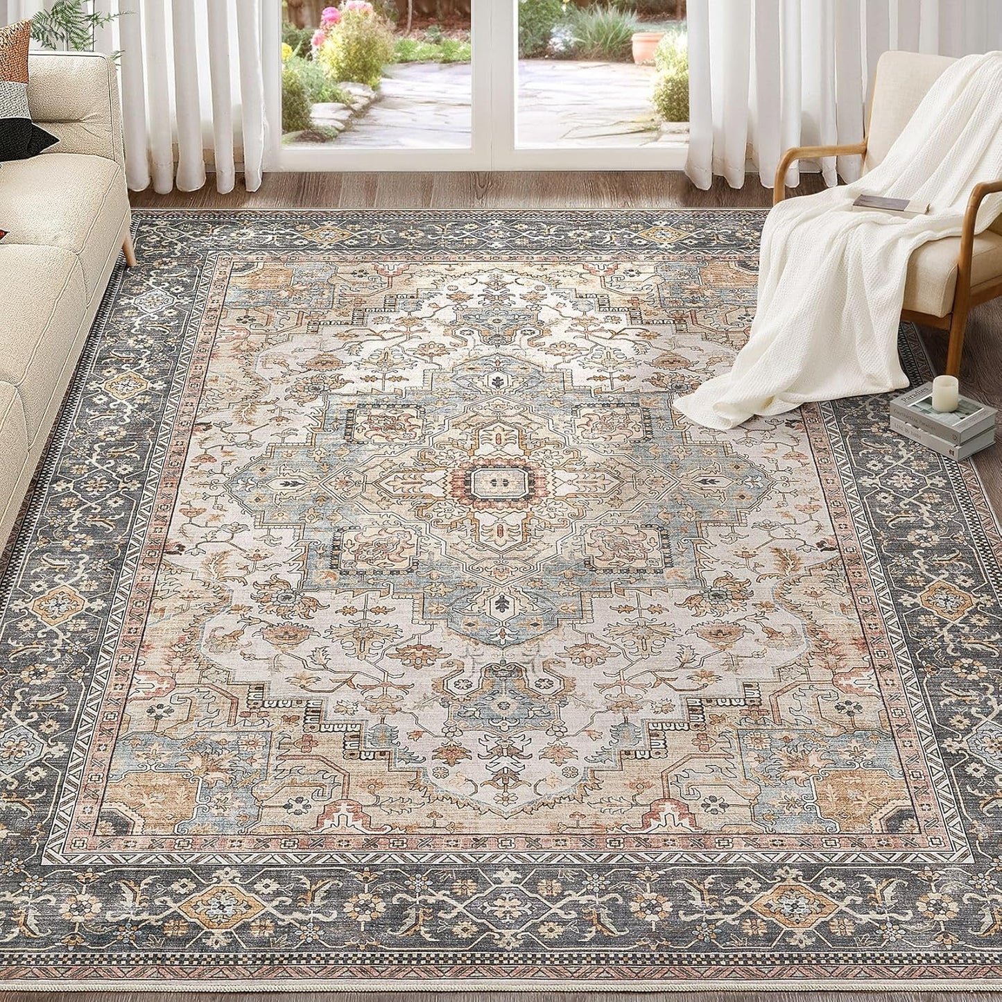 Washable Area Rugs for Living Room - 10x12 Neutral Vintage Distressed Floral Farmhouse Boho Large Soft Floor Rug Indoor Non Slip Carpet for Living Room Bedroom Dining Room Office - Forest Green Orange