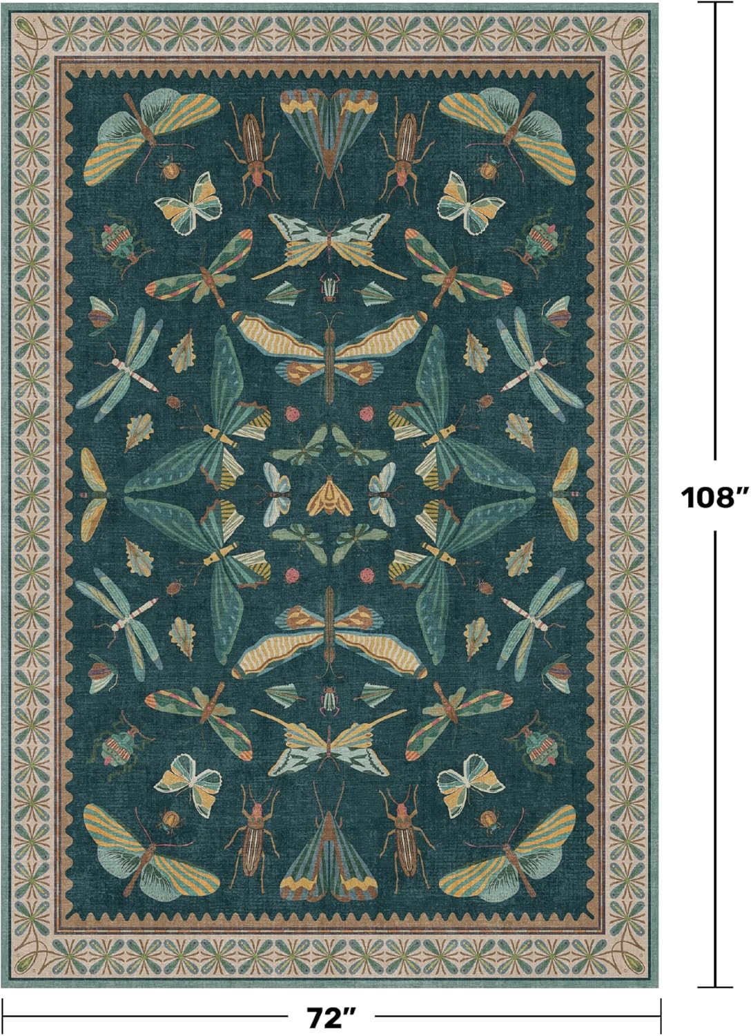 Oriental Blue and Green Area Rugs for Living Room 6x9 - Insect & Butterfly Dining Table Rug, Bedroom Boys, Washable Non Skid Rubber Backed, Vintage Funky Home Décor