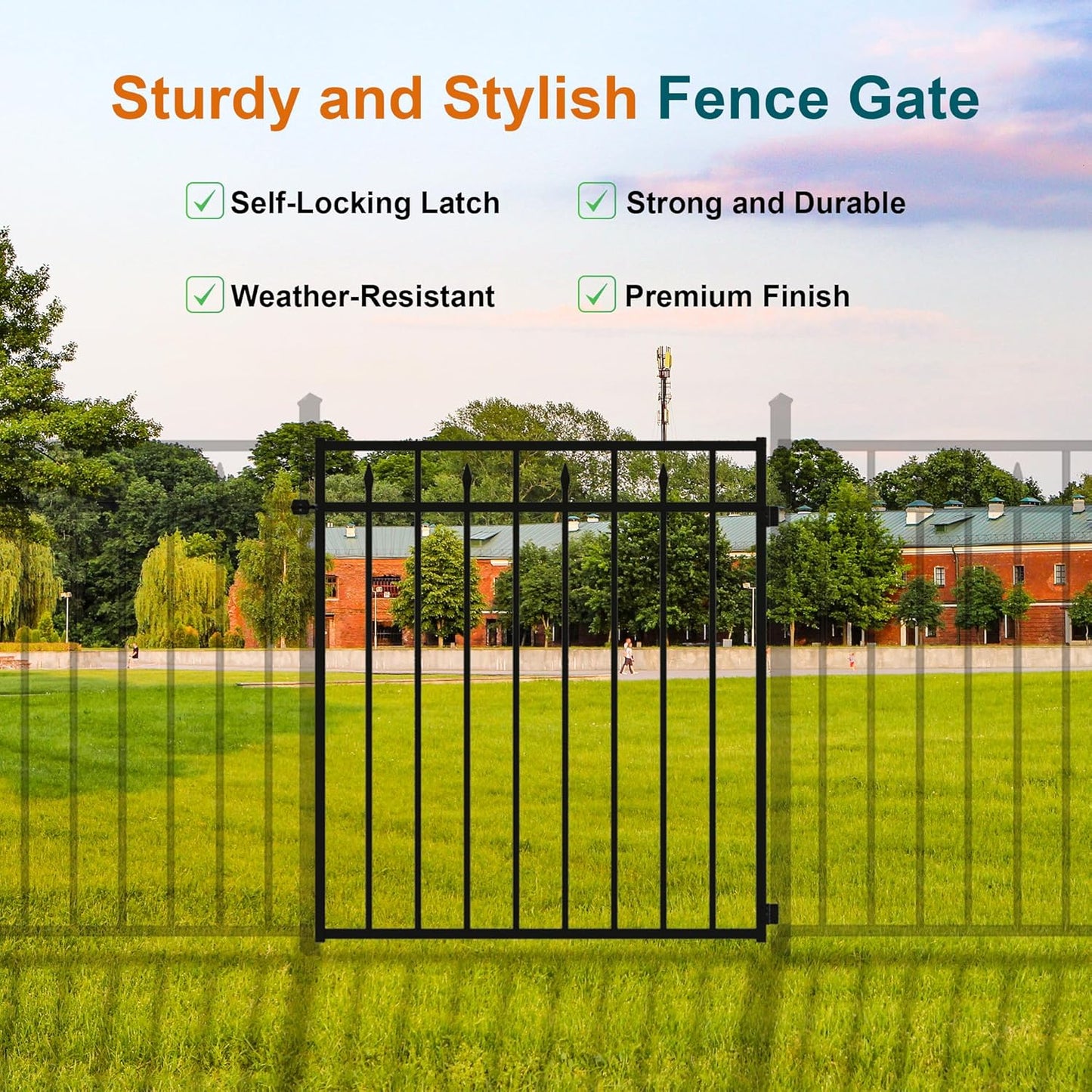 Heavy-Duty Metal Gate, 3.5' W x 4' H, Rustproof Wrought Iron Outdoor Gate for Backyard, Garden & Doorway, Easy to Install with Stainless Steel Hinges & Self-Locking Latch