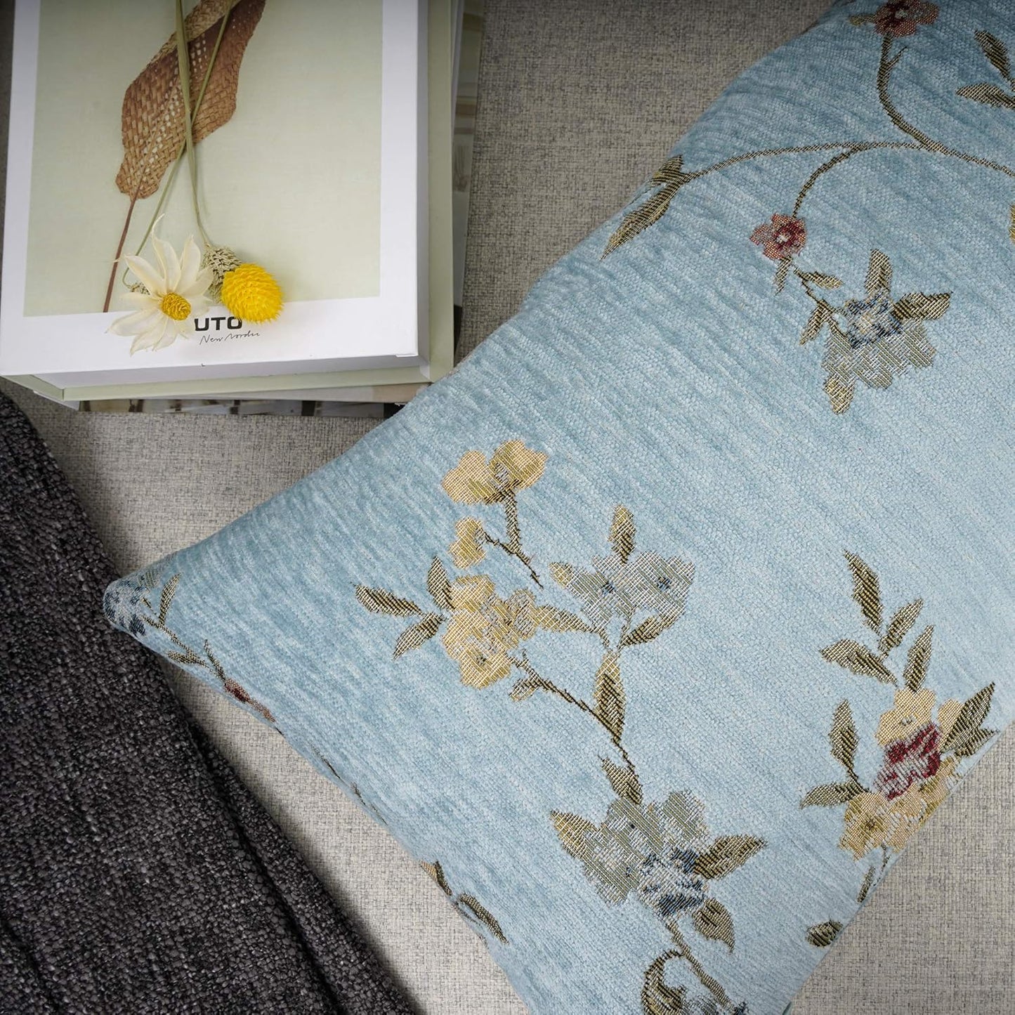 YOUR SMILE Classical Embroidery Jacquard Farmhouse Oblong Rectangle Chenille Teal Floral Pattern Decorative Throw Pillow Case,12x20 inch