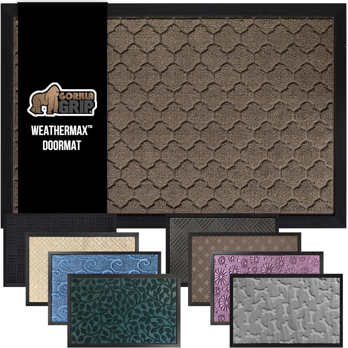 GORILLA GRIP 100% Waterproof All-Season WeatherMax Doormat 35x23, US Designed Natural Rubber, Stain and Fade Resistant, Low Profile Indoor Outdoor Door Mats, Easy Clean Patio Mat, Latte Quatrefoil
