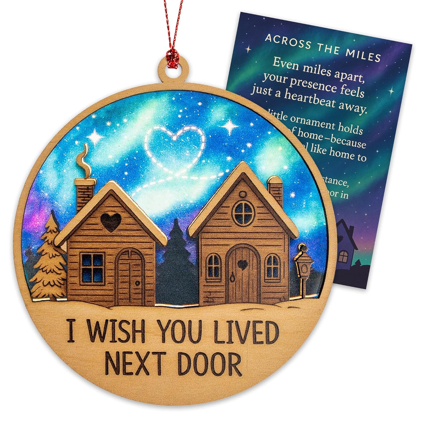 Neighbor Ornament – I Wish You Lived Next Door | Long Distance Friendship Gift – Across The Miles – Rustic Cabin Card – Christmas Holiday Décor – Suncatcher Effect Stained Glass Window – Car Hanging
