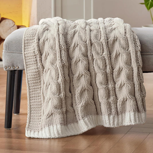Bedsure Cable Knit Twin Blanket for Couch Bed - Breathable Chenille Chunky Knit Twin Blanket for Decorative Gift, GentleSoft Cozy and Warm for Winter and All Seasons, Beige, 60x80 Inches