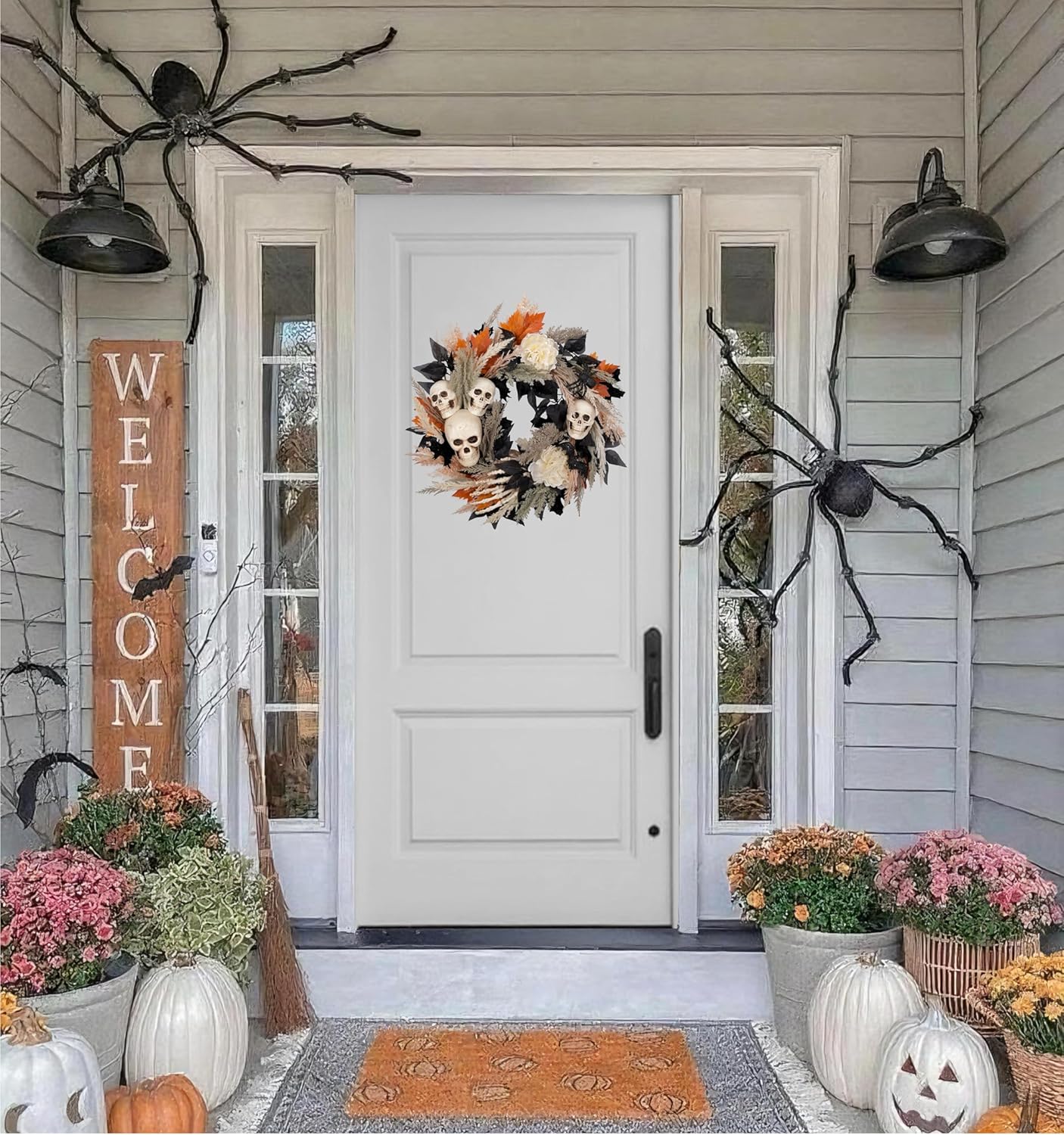 24" Halloween Wreath for Front Door with Artificial Skulls, Wheat, Maple Leaves and White Peonies - Fall Halloween Holiday Decoration for Home Door Wall Indoor/Outdoor