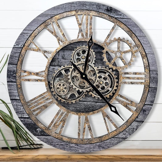 The B-Style Large Wall Clock 24 inch Moving Gear Wall Clock Oversized Vintage Farmhouse Wall Clocks for Living Room Decor Decorative Rustic Industrial Wood Clock (Carbon Gray)