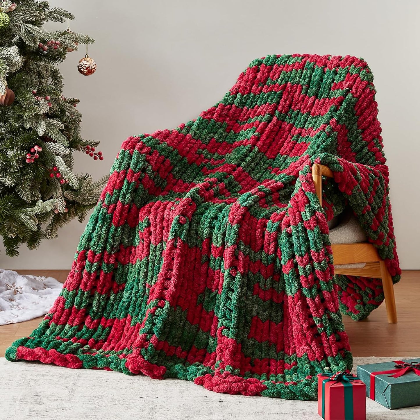 Chunky Knit Throw Blanket, 60''*80'' Knitted Throw Chenille Yarn for Bed Couch, Handmade Stripe Crochet Big Thick Blanket, Machine Washable Cute Comfy Blanket for Home Decor