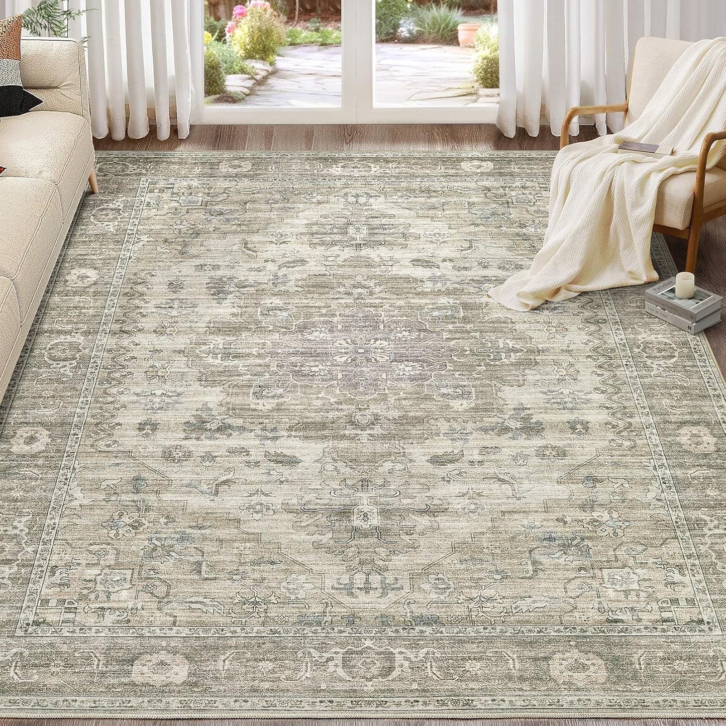 Washable Area Rugs for Living Room -9x12 Neutral Vintage Distressed Floral Farmhouse Boho Large Soft Floor Rug Indoor Non Slip Carpet for Living Room Bedroom Dining Room Office - Brown/Tan