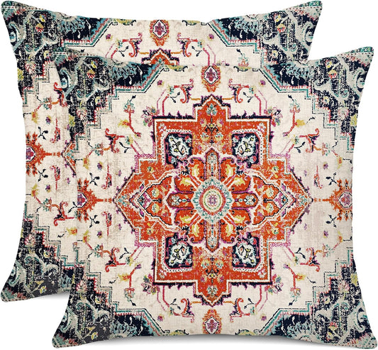 Outdoor Waterproof Pillow Covers 18 x 18 Inch Set of 2 Orange Bohemian Vintage Carpet Pattern Pillow Covers Ethnic Design Decorative Farmhouse Pillow Covers for Couch Garden Balcony, Boho-7