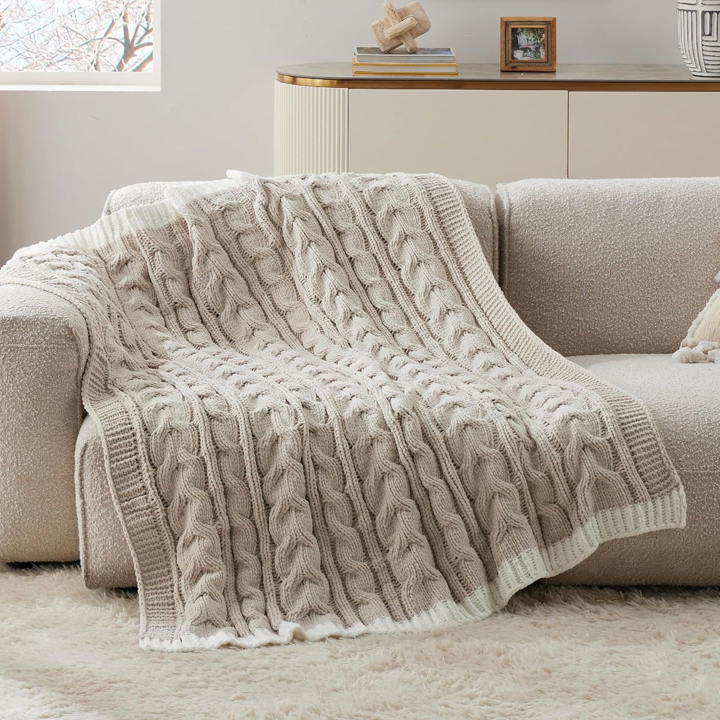 Bedsure Cable Knit Twin Blanket for Couch Bed - Breathable Chenille Chunky Knit Twin Blanket for Decorative Gift, GentleSoft Cozy and Warm for Winter and All Seasons, Beige, 60x80 Inches