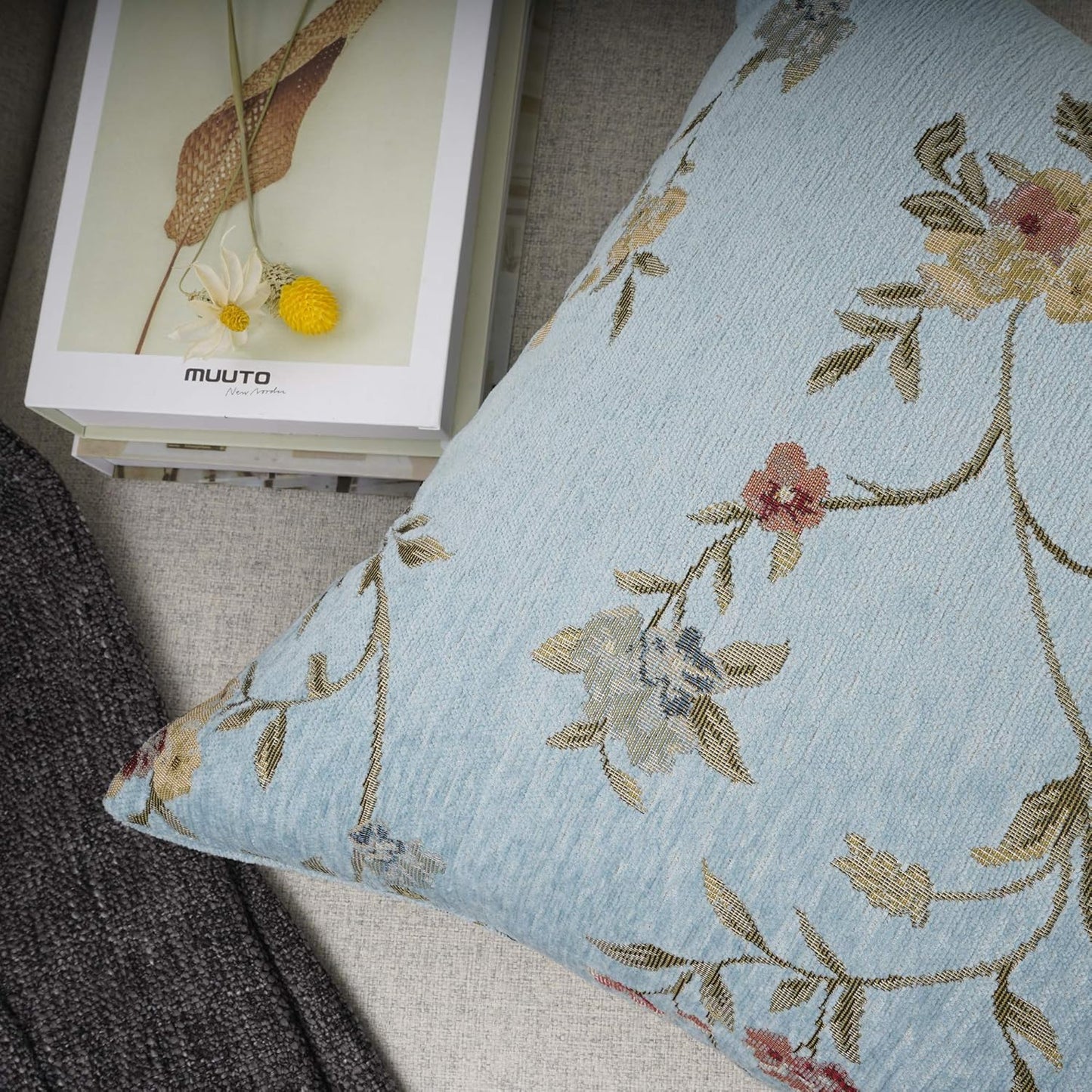 YOUR SMILE Embroidery Jacquard Teal Floral Leaf Pattern Square Decorative Throw Pillow Case Cushion Cover,18x18 inch