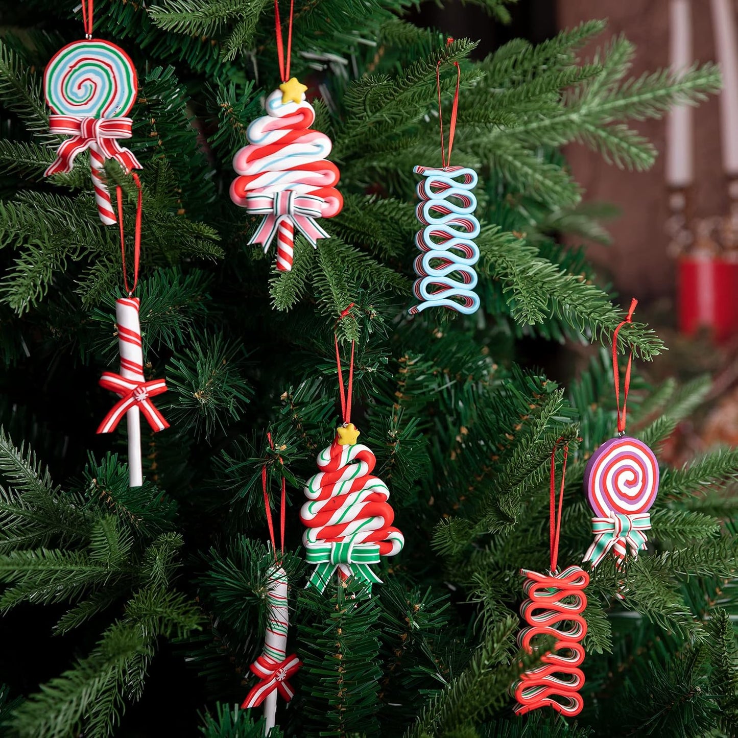 codree 8 PCS Christmas Lollipop Ornaments- Christmas Candies Polymer Clay Ornament- Xmas Decor Candy Cane Hanging Decorations for Xmas Tree Party Supplies
