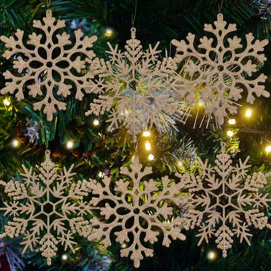 6pcs Large Champagne Gold Snowflakes Ornaments 12” Big Plastic Glitter Snowflake for Winter Indoor Outdoor Christmas Tree Window Room Decorations Giant Craft Snowflakes